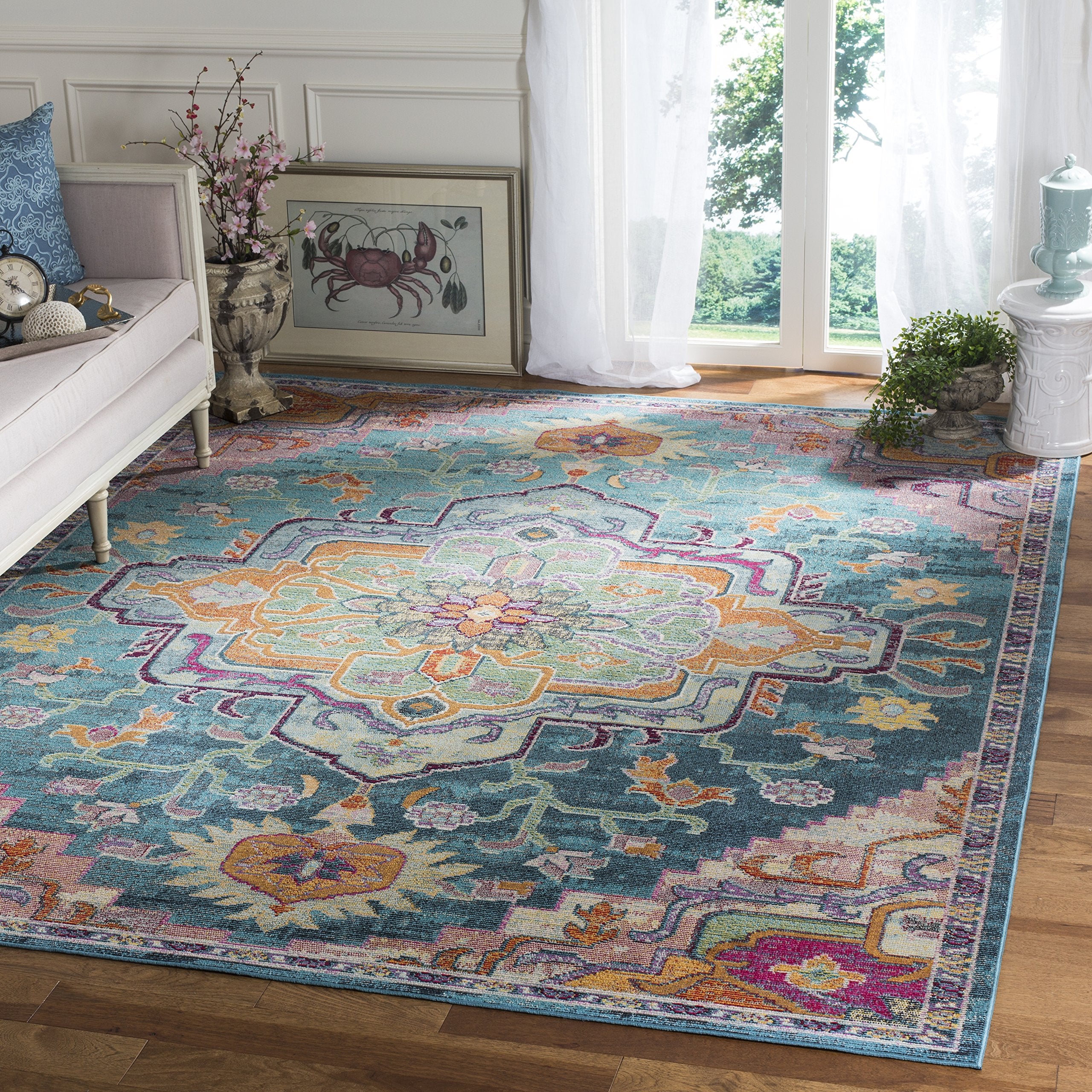 Safavieh Crystal Collection X-Large Area Rug - 12 x 18, Teal & Rose, Medallion Distressed Design, Non-Shedding & Easy Care, Id