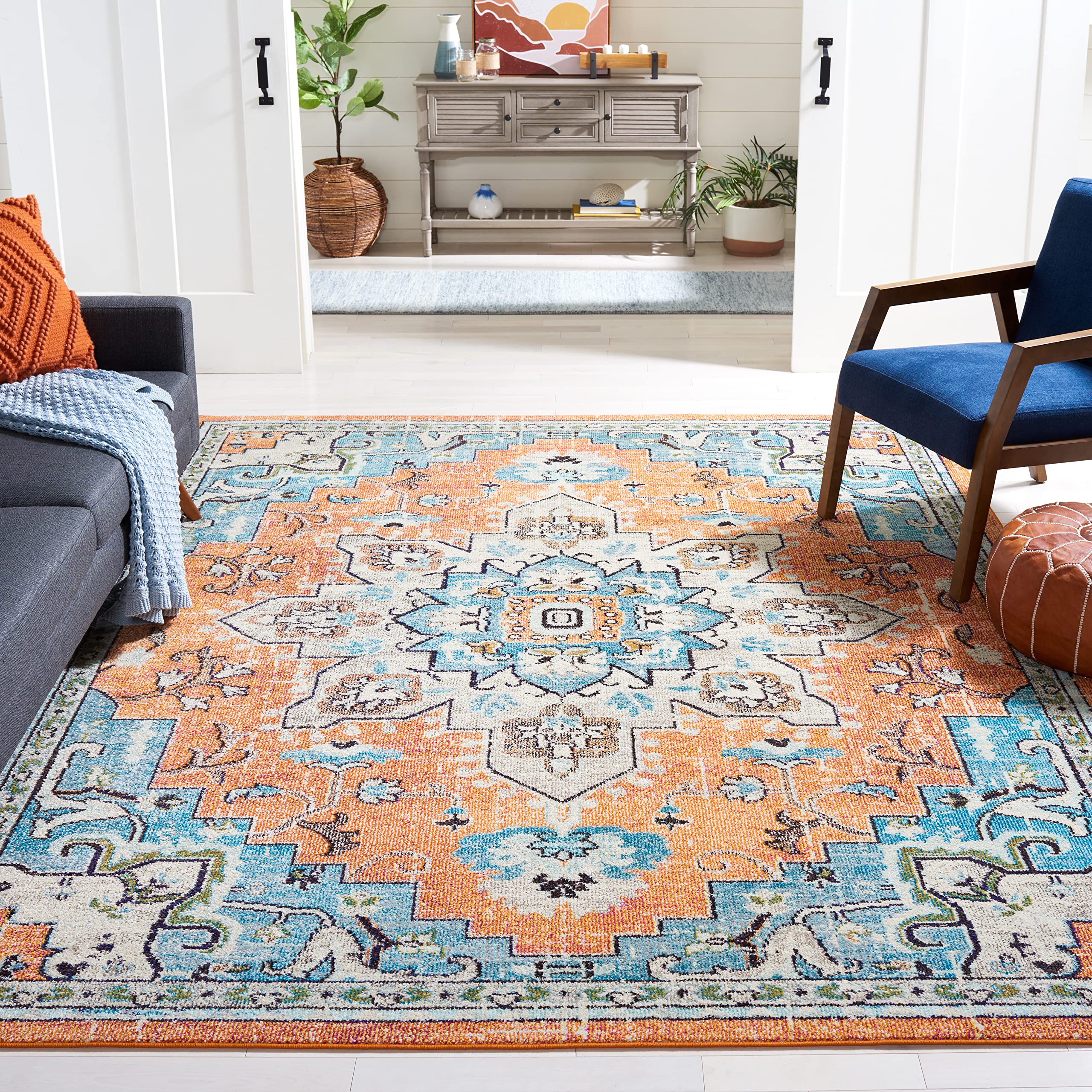 SAFAVIEH Madison Collection 67 Square Orange / Teal MAD473P Boho Chic Medallion Distressed Non-Shedding Living Room Bedroom Din