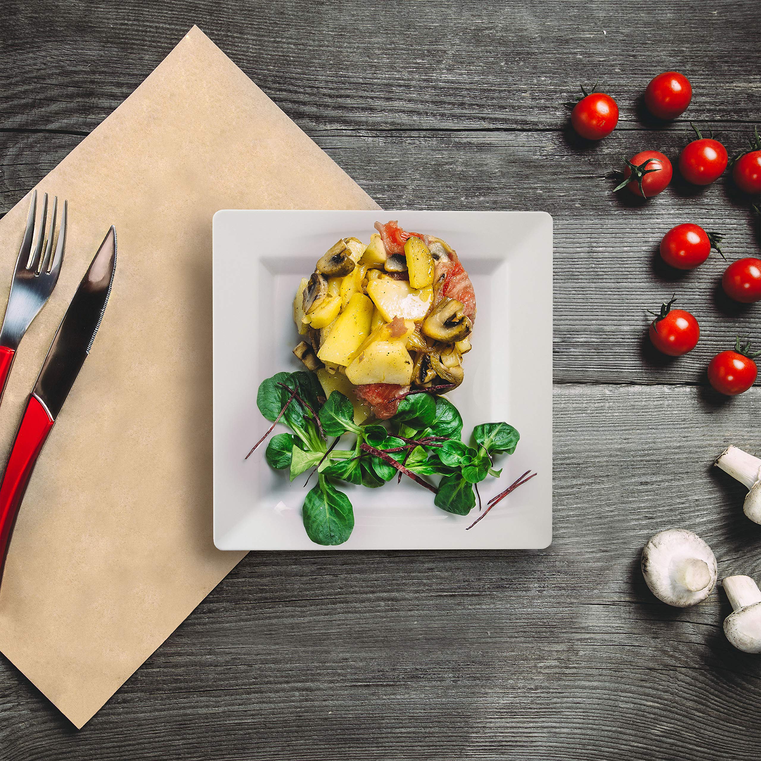 Oasis Creations White Square Plates Set 7.25'' - 50 count - Premium Hard White Disposable Plastic - Disposable and Reusable - Salad Plate - Appetizer Plate - Dessert Plate - Party Plate Set