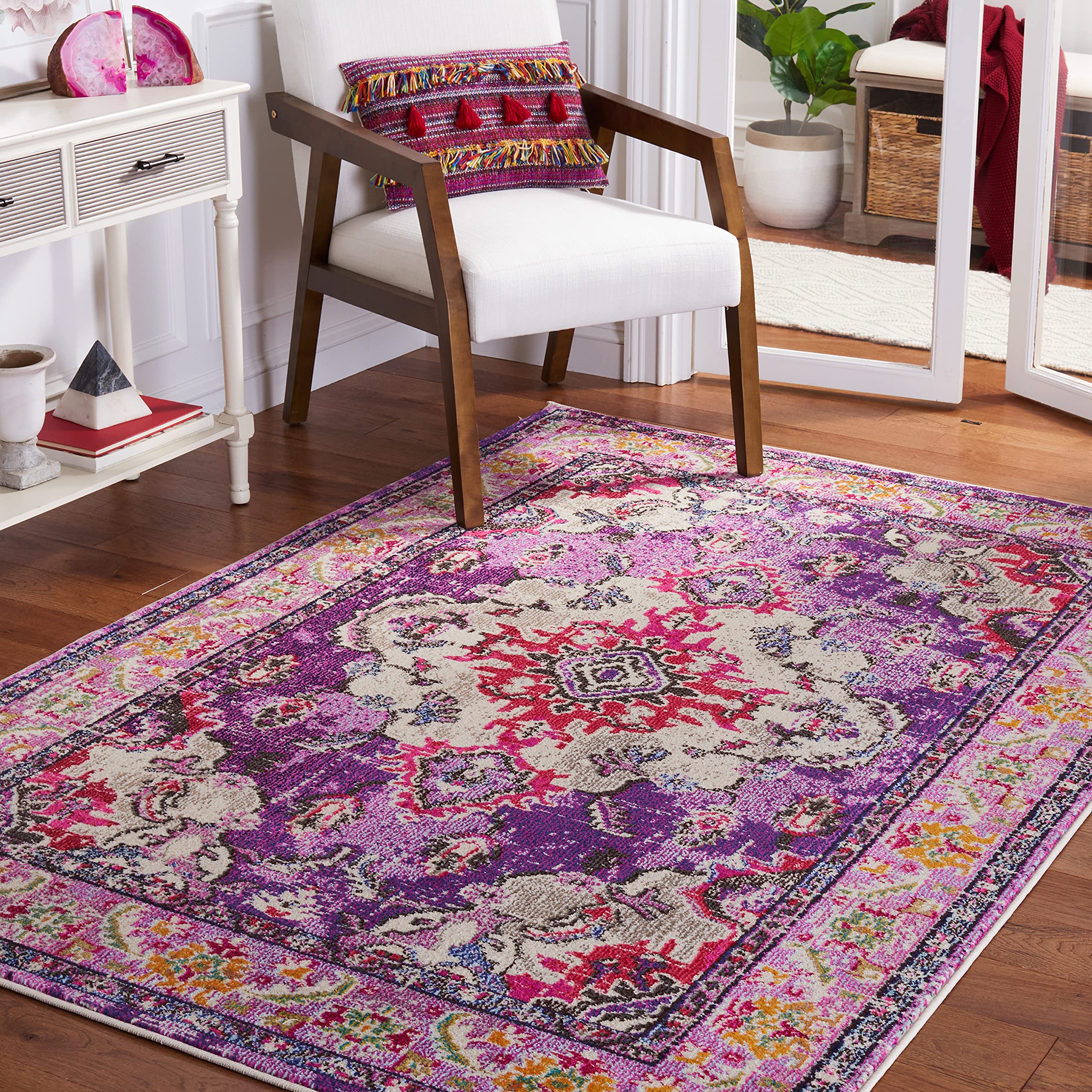 SAFAVIEH Monaco Collection Accent Rug - 4 x 57, Violet & Fuchsia, Medallion Distressed Design, Non-Shedding & Easy Care, Ideal