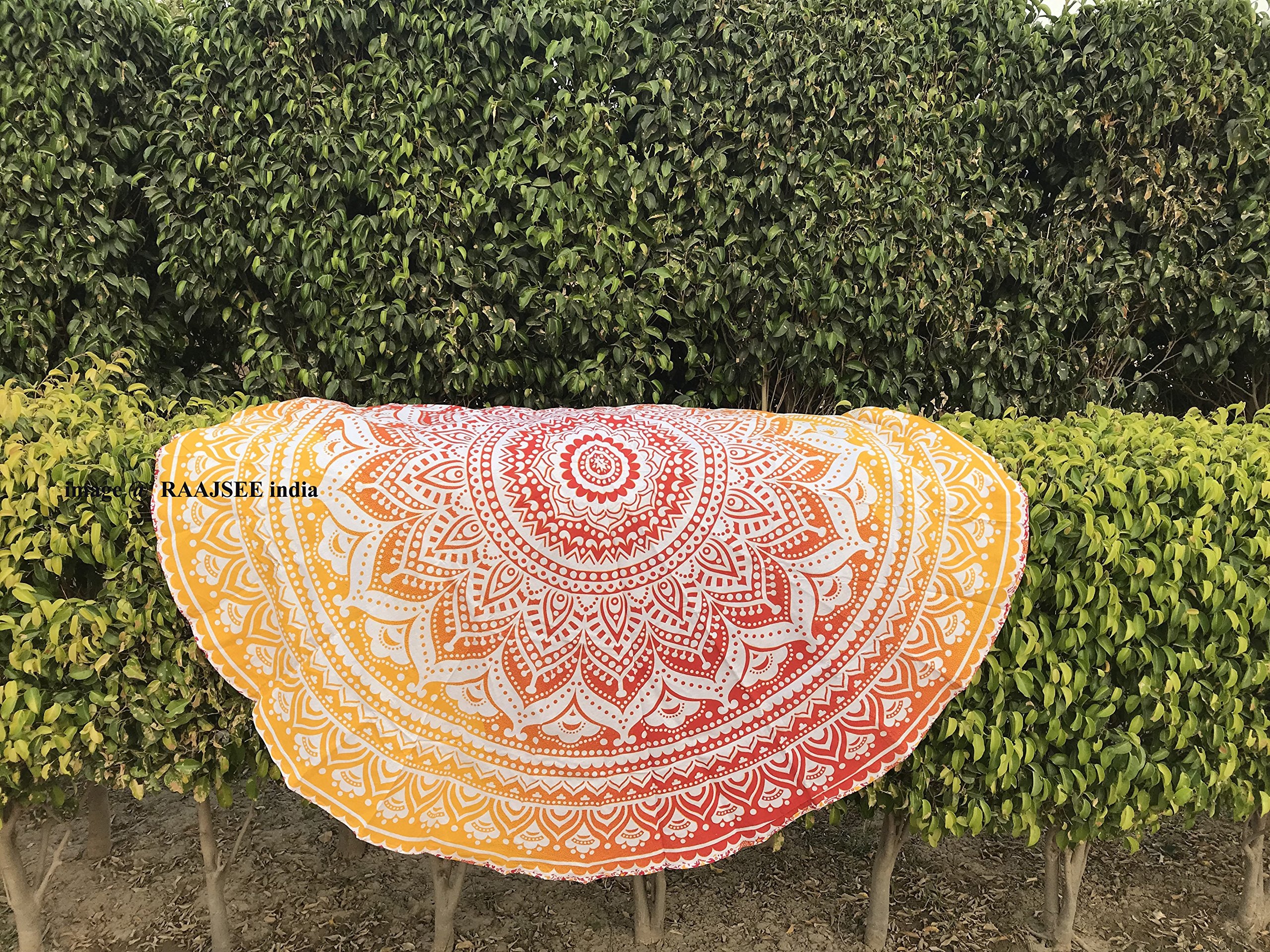 Rraajsee Orange Ombre Round Beach Tapestry Hippie/Boho Beach Blanket Roundie/Indian Cotton Throw Bohemian Round Table Cloth/Yoga Mat Meditation Picnic Rugs 69 inch Circle