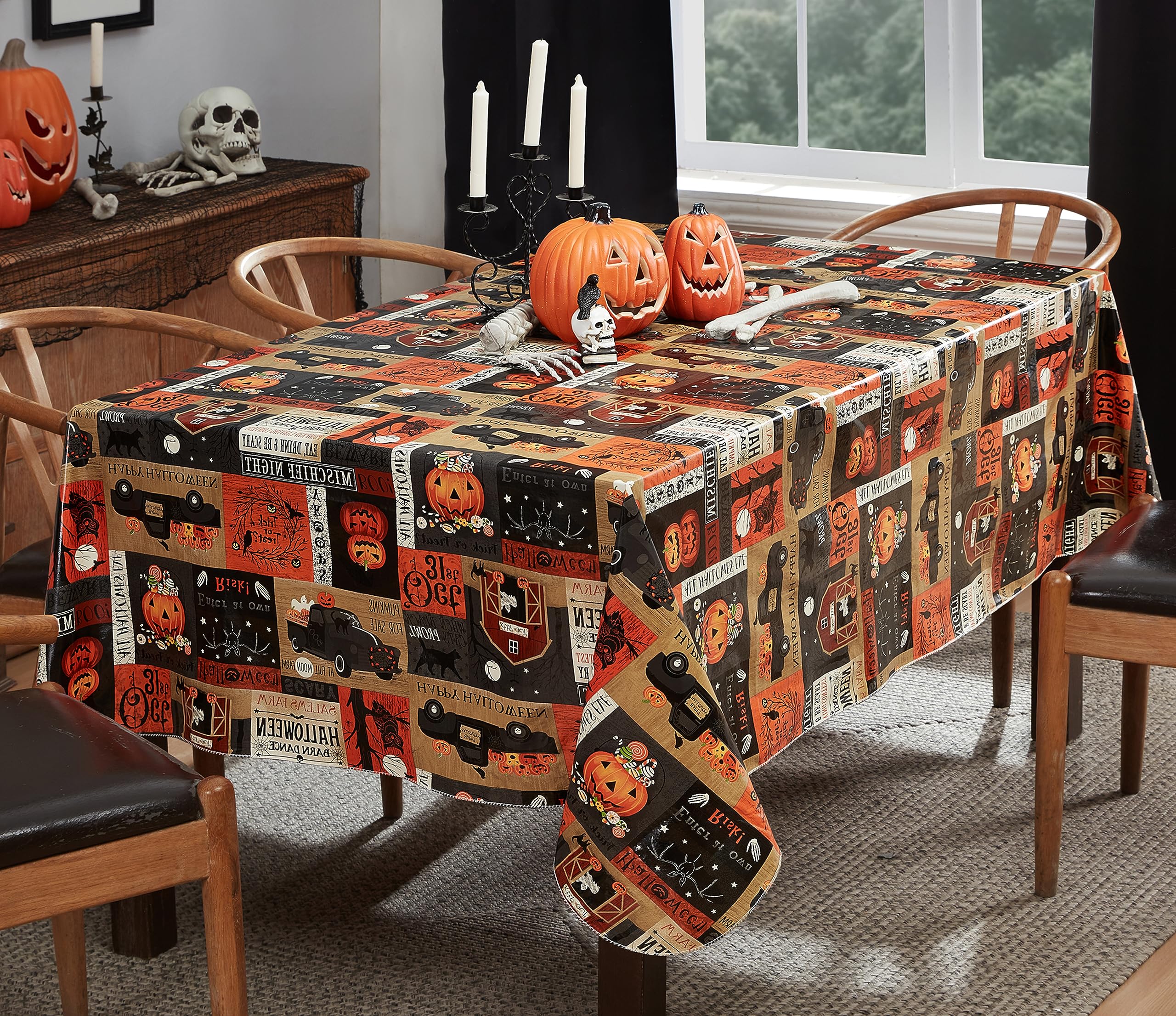 Newbridge Halloween Rustic Spooky Farm 60 X 120 Inch Rectangle Vinyl Tablecloth With Flannel Backing, Scary Country Farmyard Gho