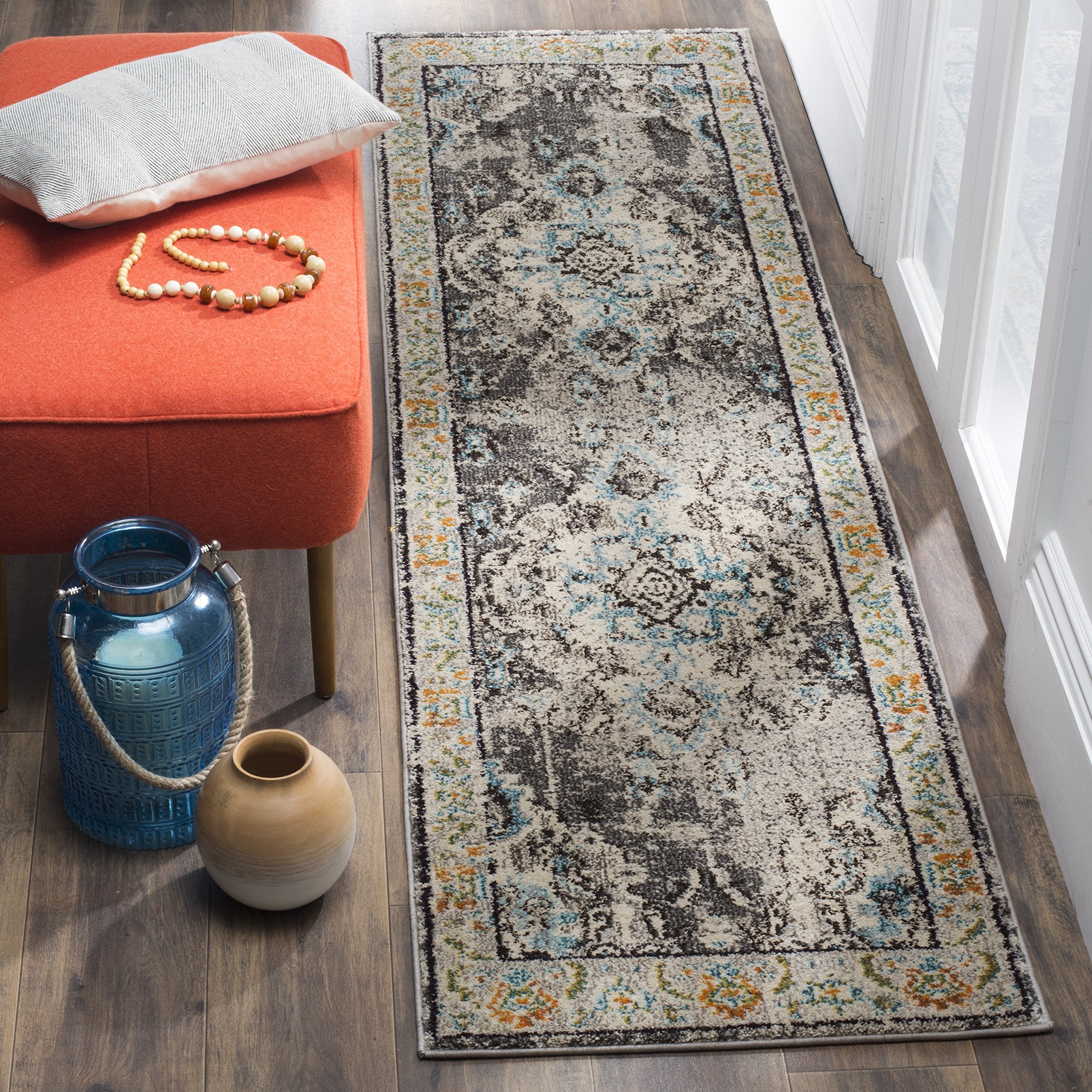 SAFAVIEH Monaco Collection Runner Rug - 22 x 6, Grey & Light Blue, Boho Chic Medallion Distressed Design, Non-Shedding & Easy 