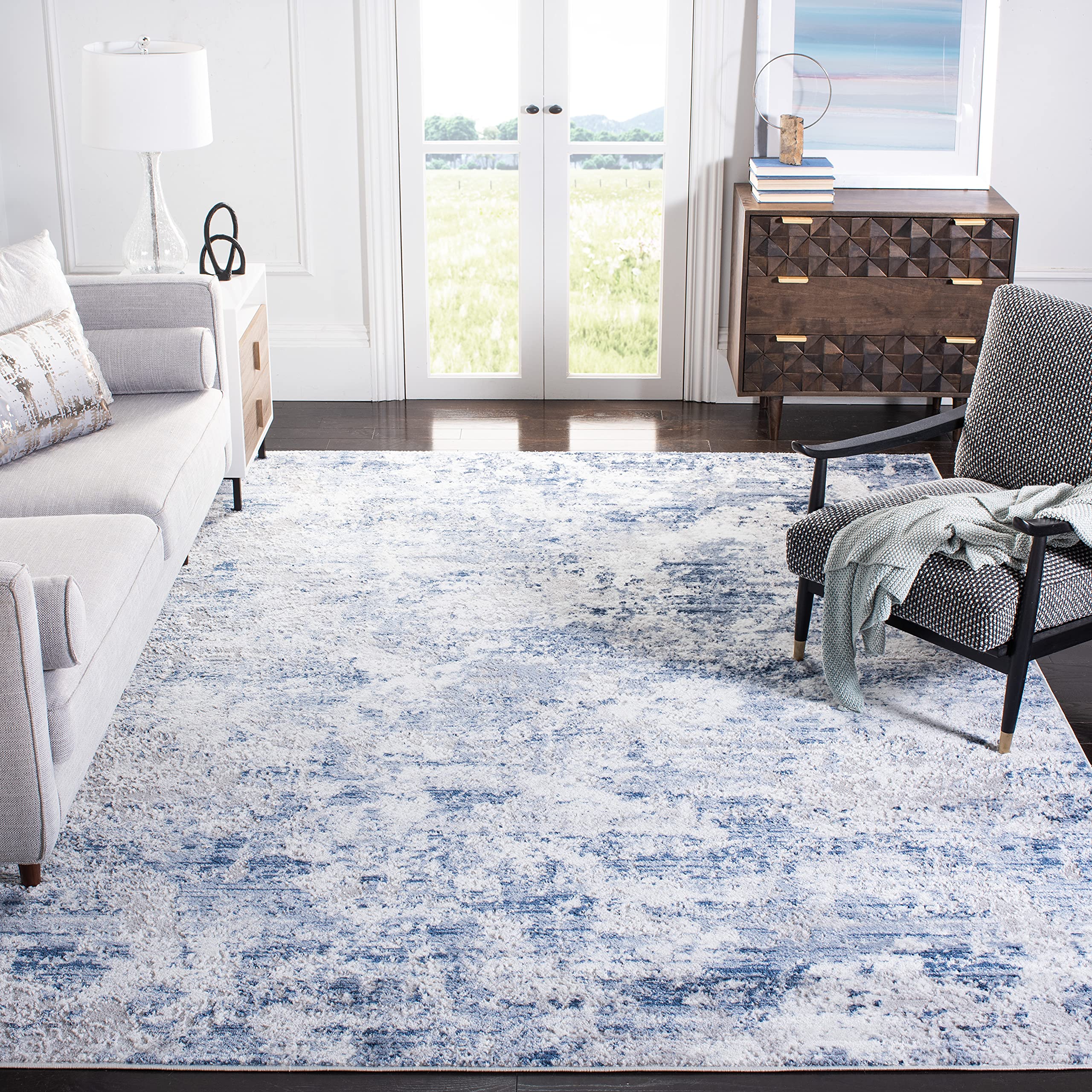 SAFAVIEH Amelia Collection X-Large Area Rug - 11 x 15, Navy & Grey, Modern Abstract Design, Non-Shedding & Easy Care, Ideal fo