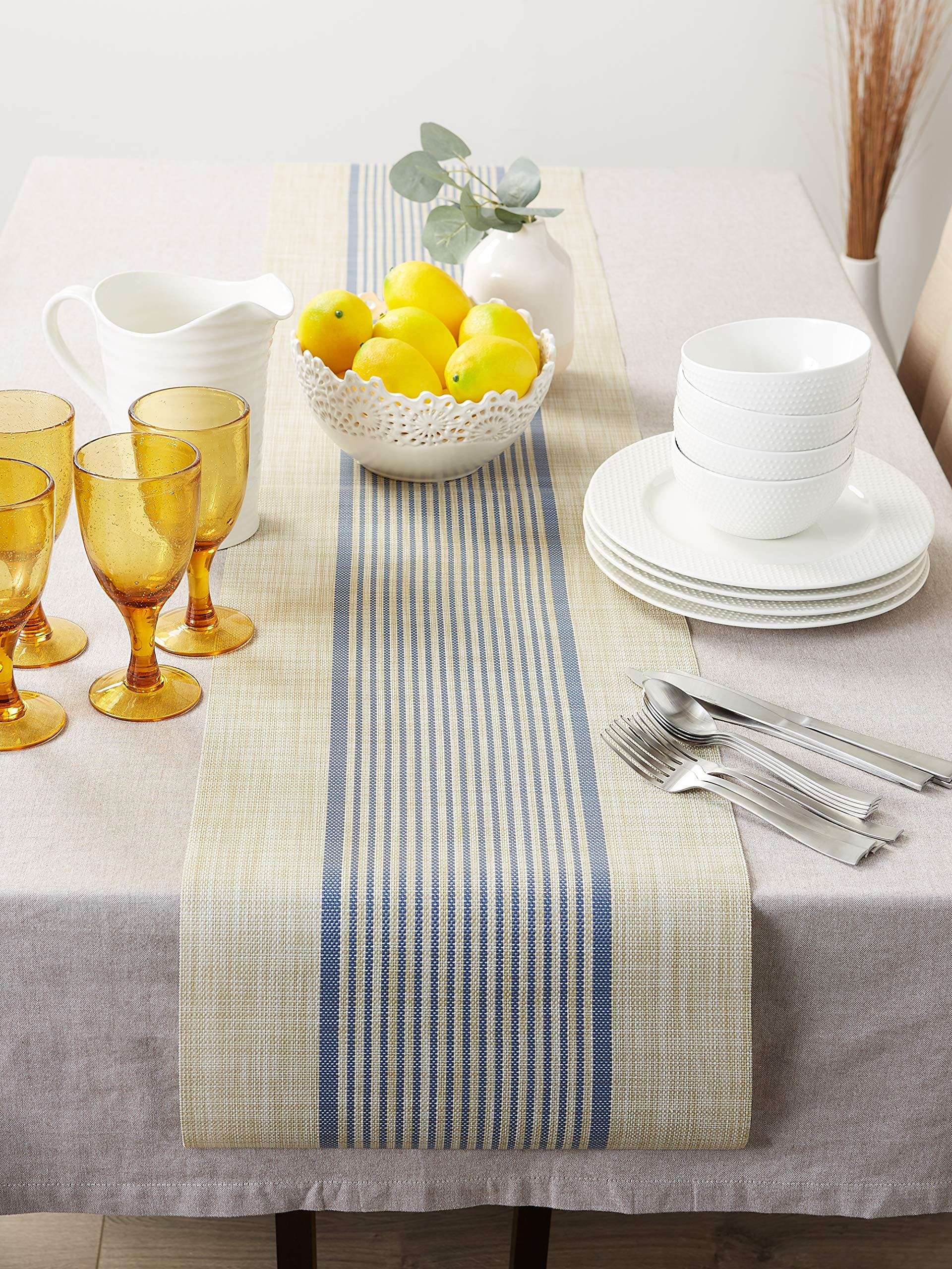DII French Blue Middle Stripe PVC Woven Table Runner 14x72