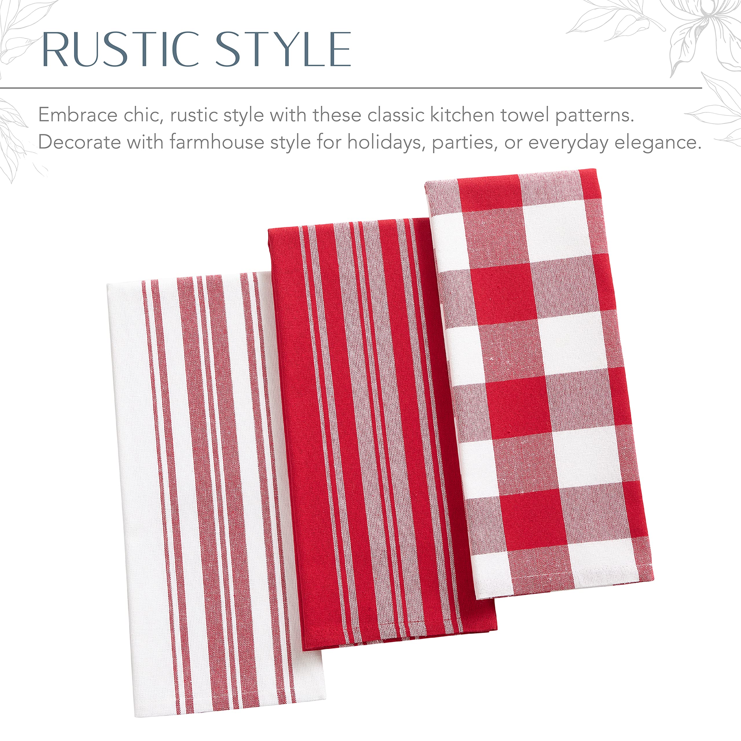 Elrene Home Fashions Farmhouse Living Stripe And Check Kitchen Towels, 17'' X 28'' (Set Of 3), Red/White 3