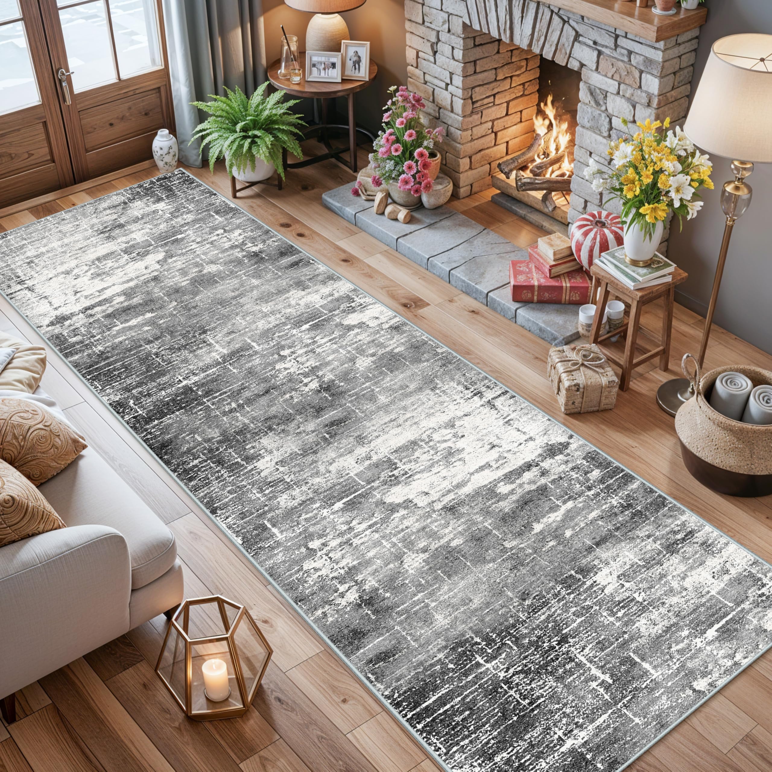 Washable 12ft Kitchen Area Rug: Abstract Entryway Rug Runner Soft Bedroom Besides Floor Mat Non-Slip Indoor Carpet for Bathroom