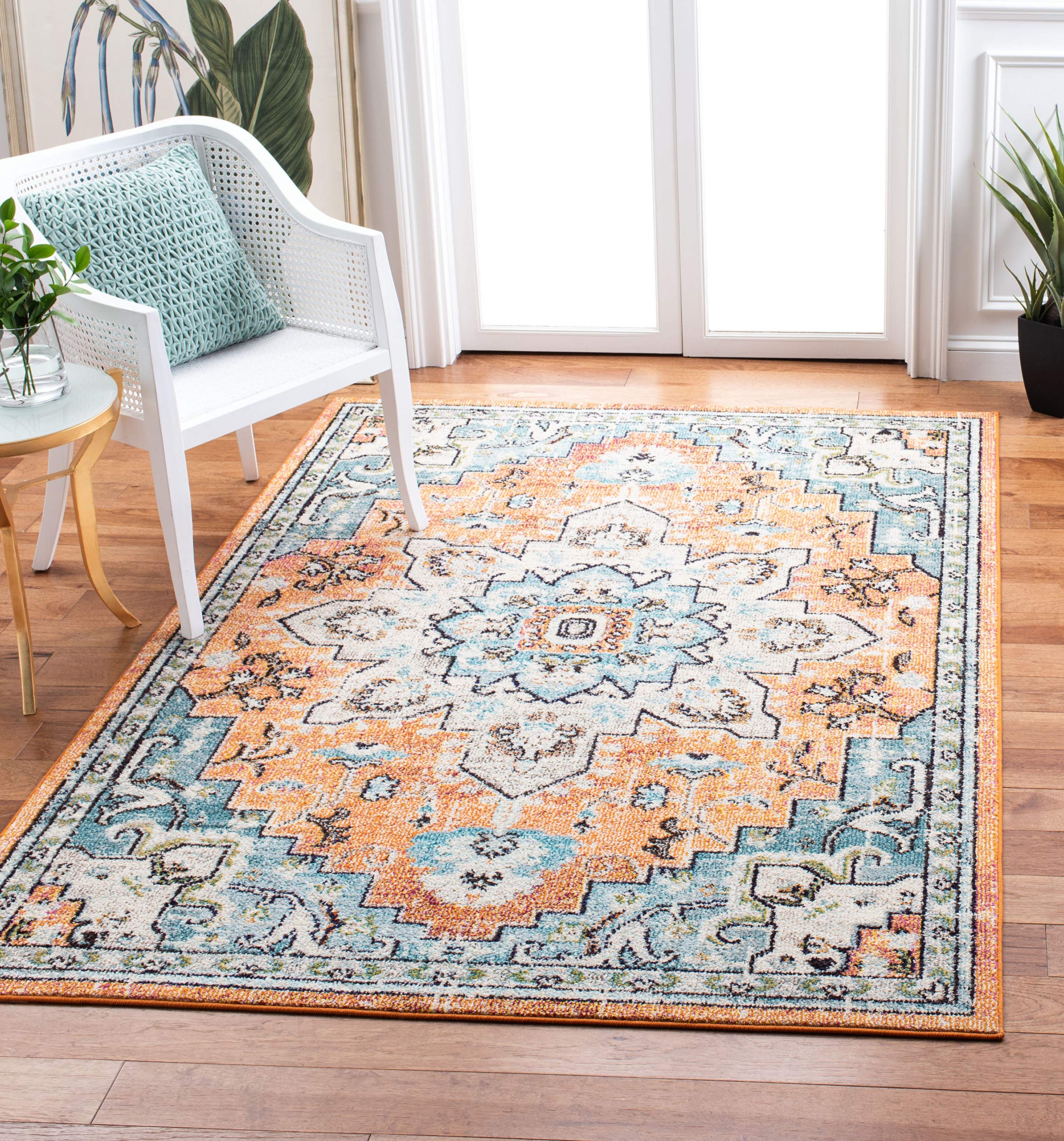 SAFAVIEH Madison Collection Area Rug - 53 x 76, Orange & Teal, Boho Chic Medallion Distressed Design, Non-Shedding & Easy Care
