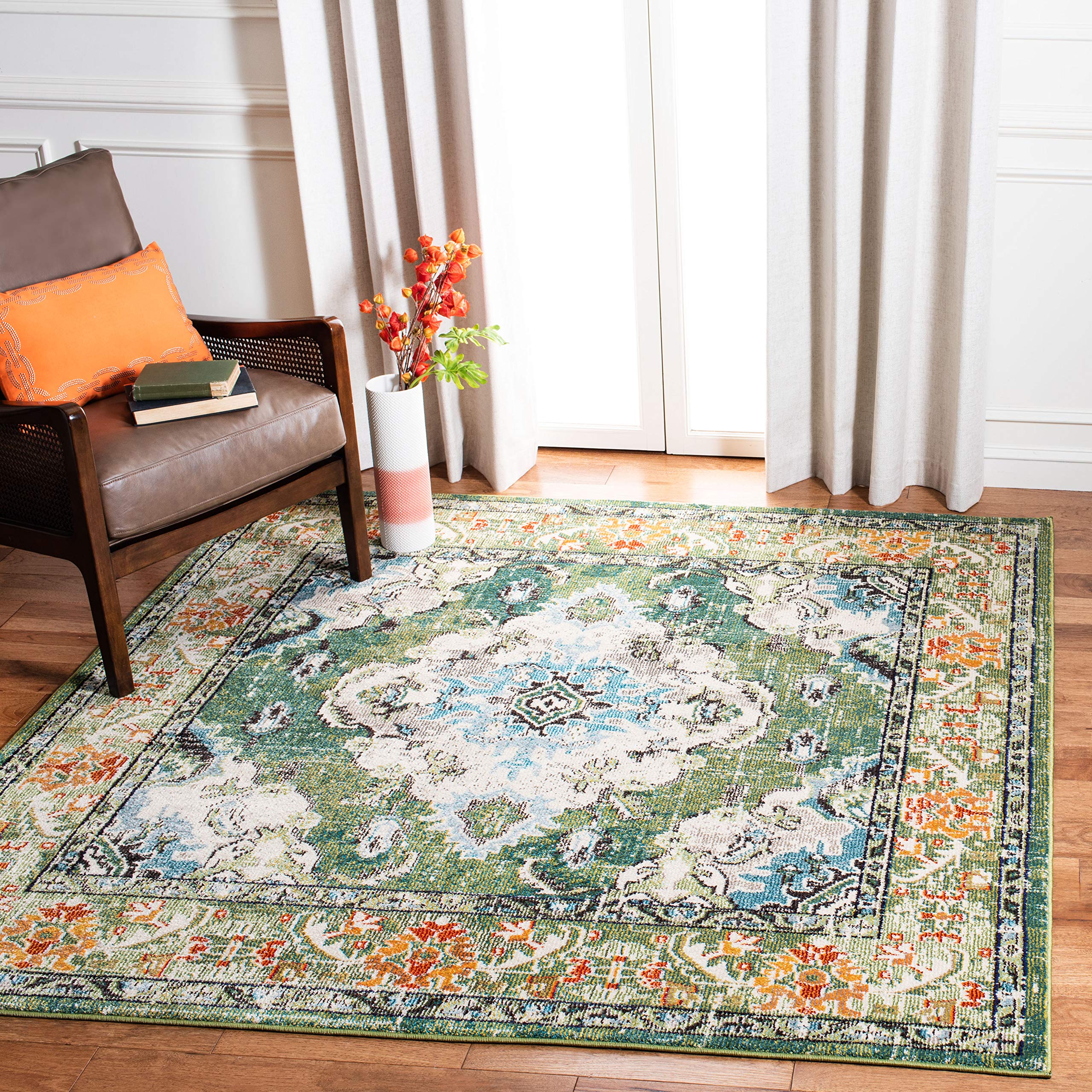 SAFAVIEH Monaco Collection Area Rug - 11 Square, Forest Green & Light Blue, Medallion Distressed Design, Non-Shedding & Easy Ca