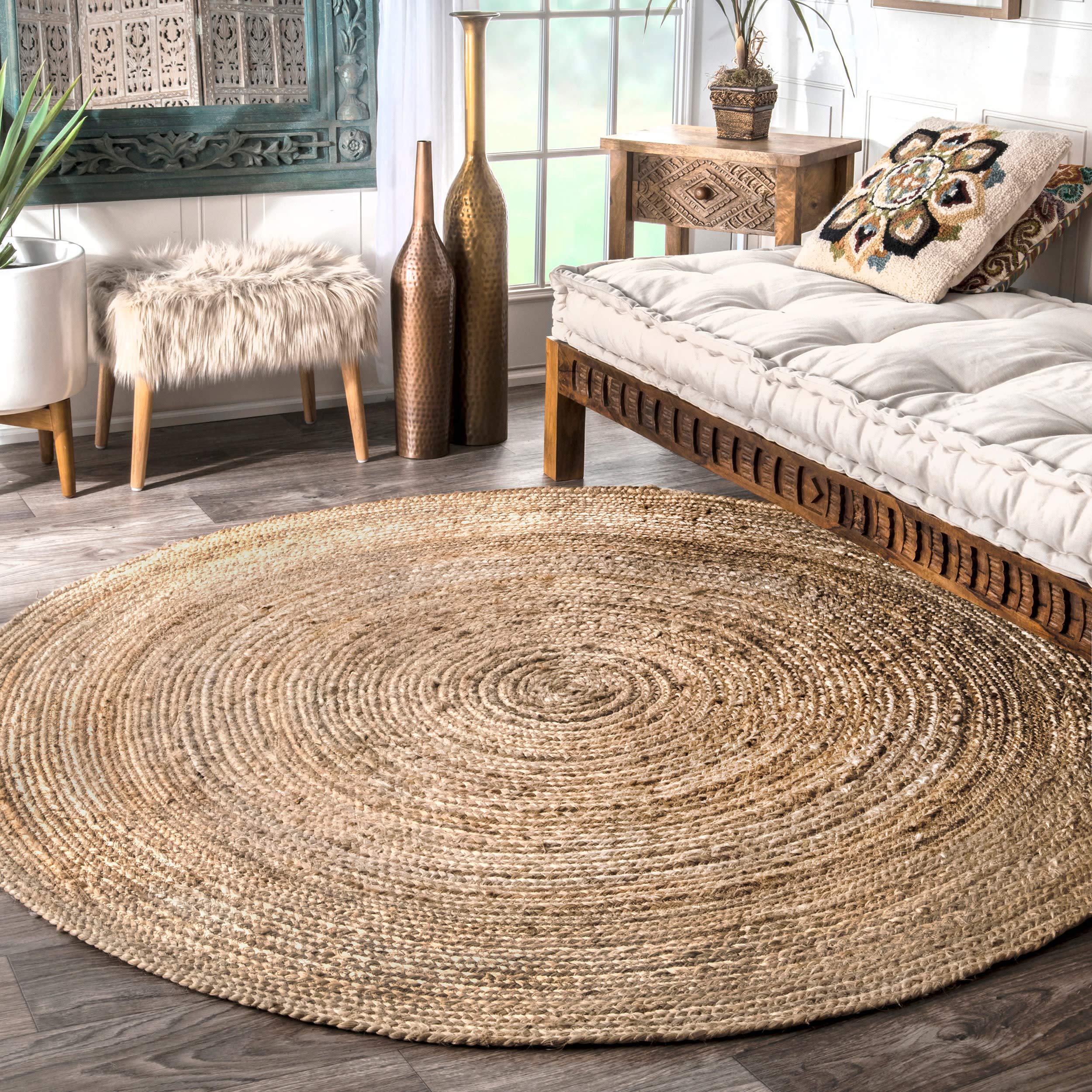 nuLOOM 3 Round Rigo Jute Hand Woven Area Rug, Natural, Solid Farmhouse Design, Natural Fiber, For Bedroom, Living Room, Dining R