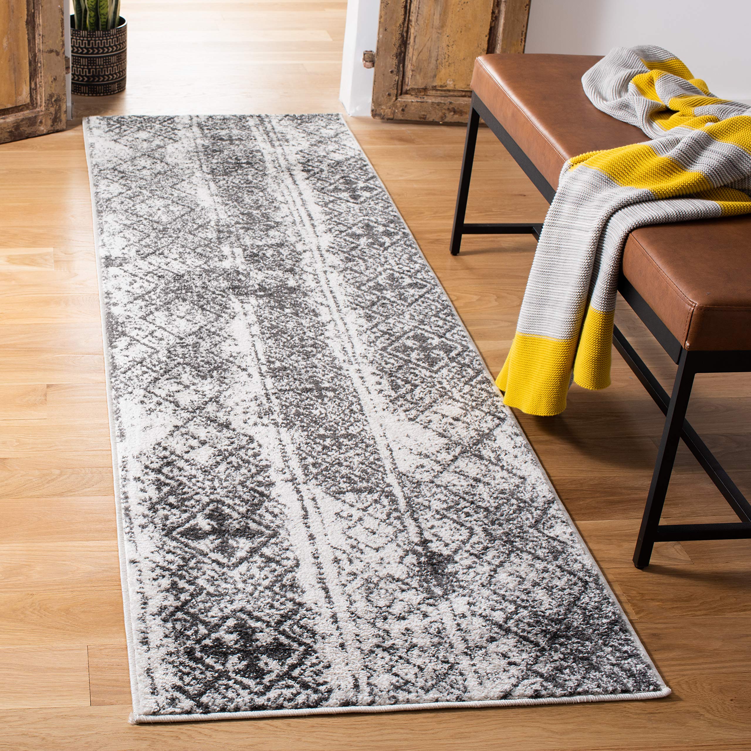 SAFAVIEH Adirondack Collection Runner Rug - 26 x 12, Silver & Black, Moroccan Boho Distressed Design, Non-Shedding & Easy Care