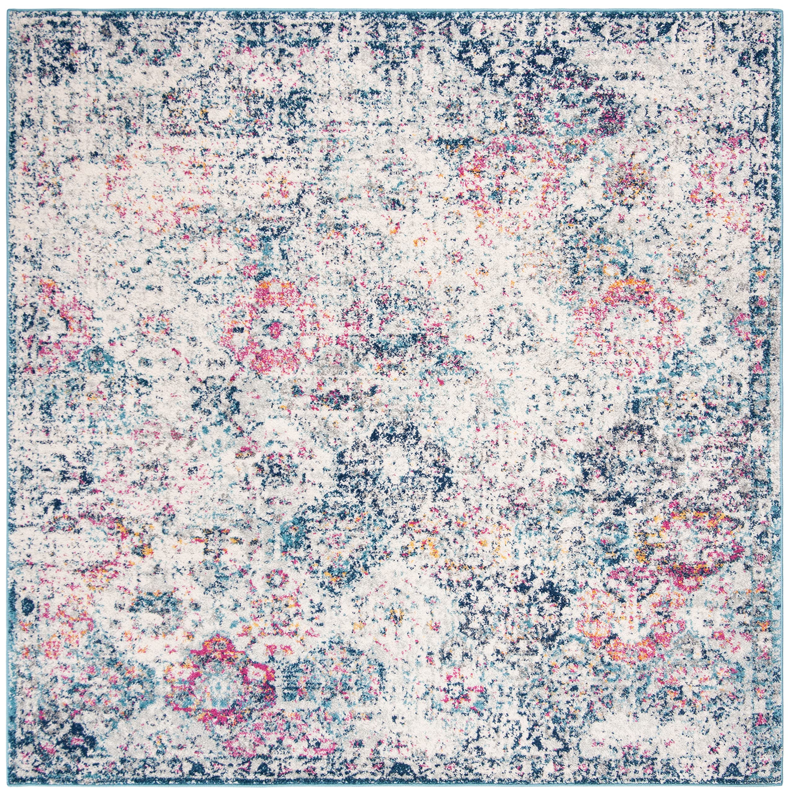 SAFAVIEH Madison Collection Area Rug - 10 Square, Navy & Teal, Boho Chic Distressed Design, Non-Shedding & Easy Care, Ideal for
