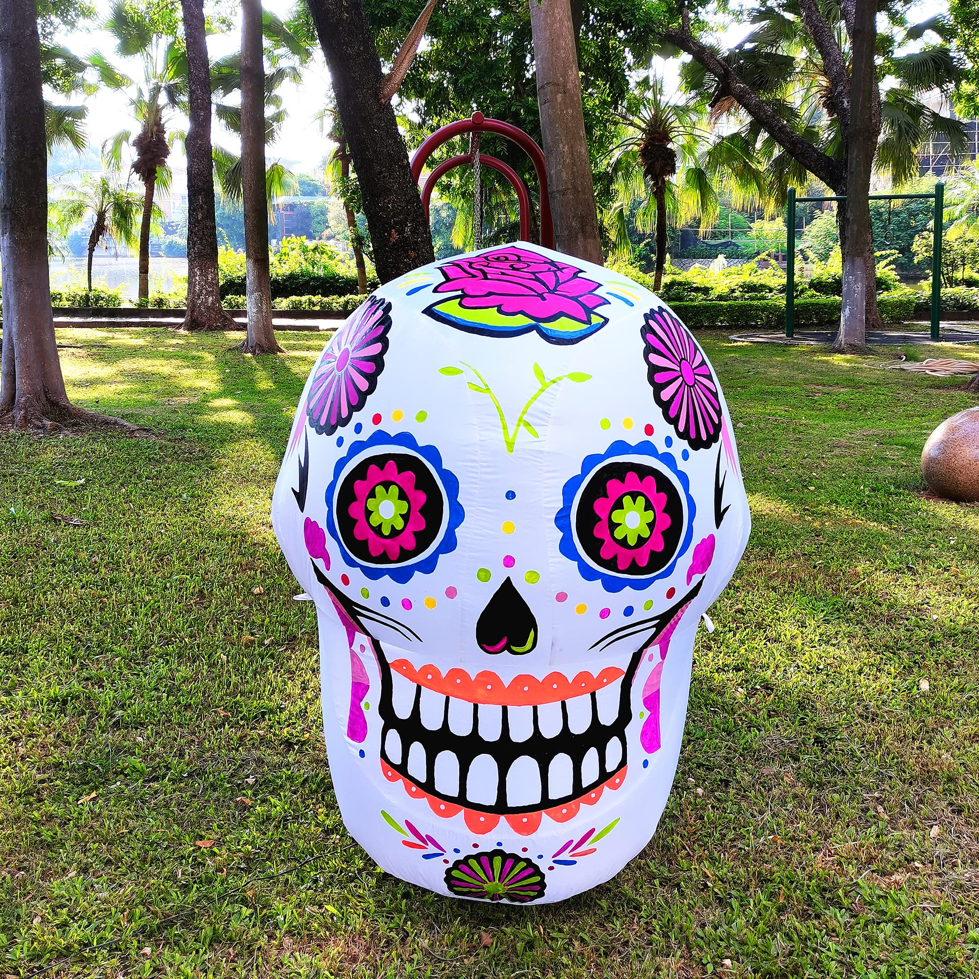 VIKIMORA 4ft Halloween Inflatable Sugar Skulls Outdoor Decoration for Yard Blow up Red Eye Skull Lights Day of The Dead Inflatab