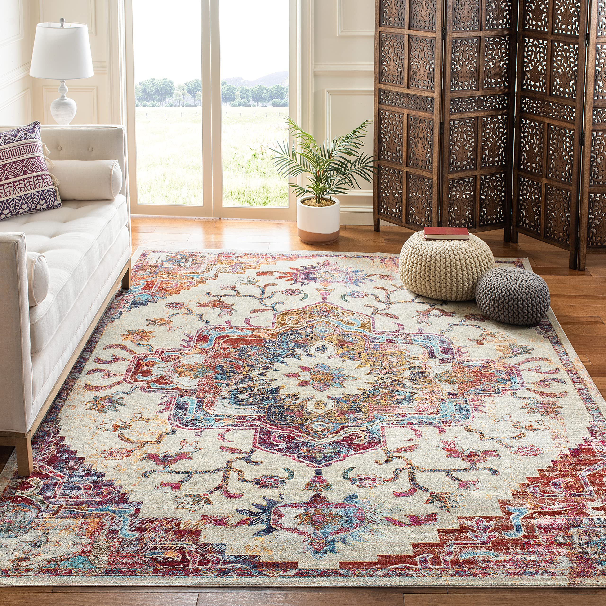 SAFAVIEH Crystal Collection Area Rug - 5 Square, Light Blue & Burgundy, Medallion Distressed Design, Non-Shedding & Easy Care, 