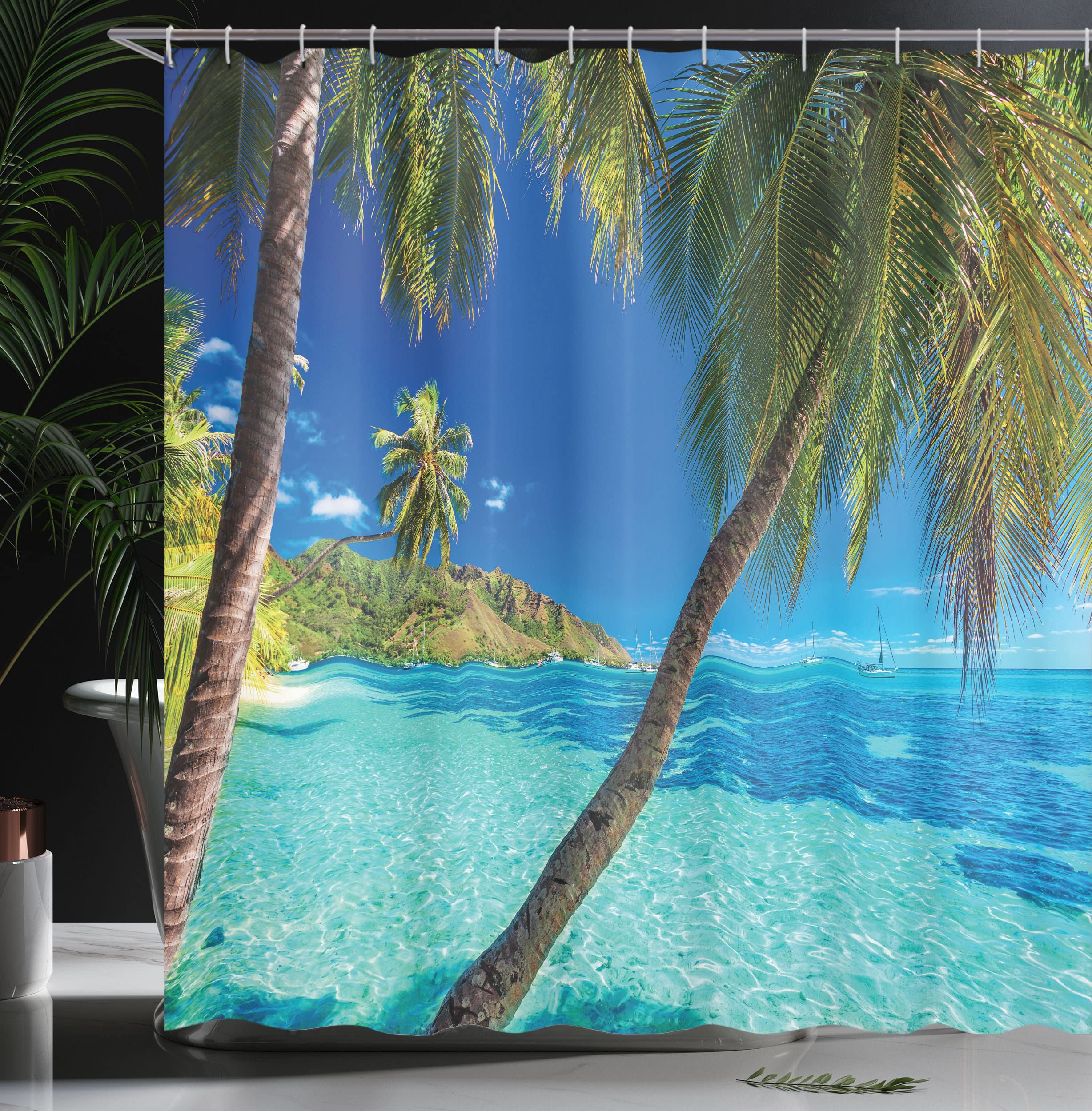 Ambesonne Ocean Shower Curtain, Image Of A Tropical Island Beach Theme The Palm Trees And Clear Sea Print, Cloth Fabric Bathroom