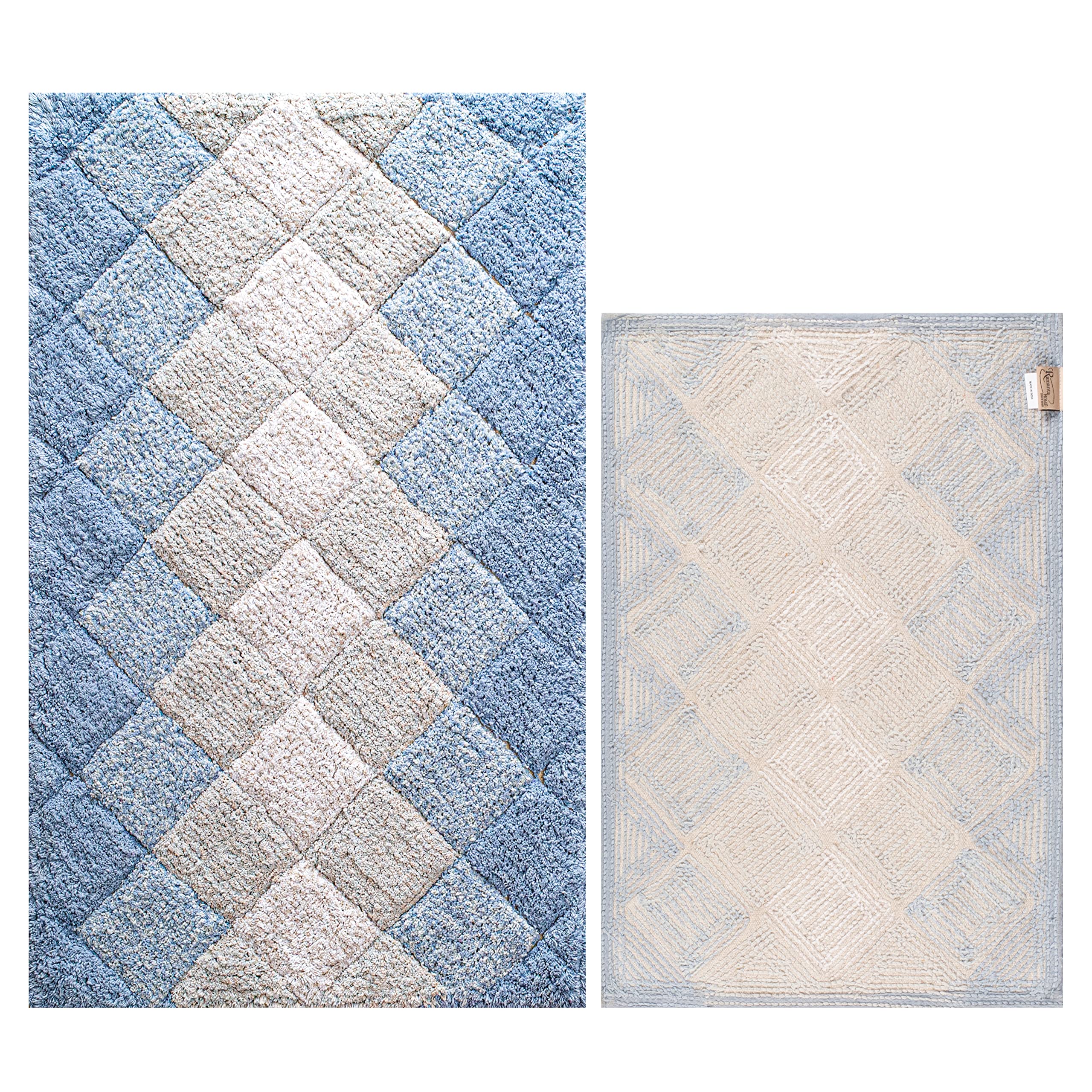Bathroom Rugs Set 2 Piece In 100% Cotton Albany Inspired Bath Rugs 21X32/17X34, Blue Combo,Anitskid Bath Rugs Set,Cotton Bath Ma