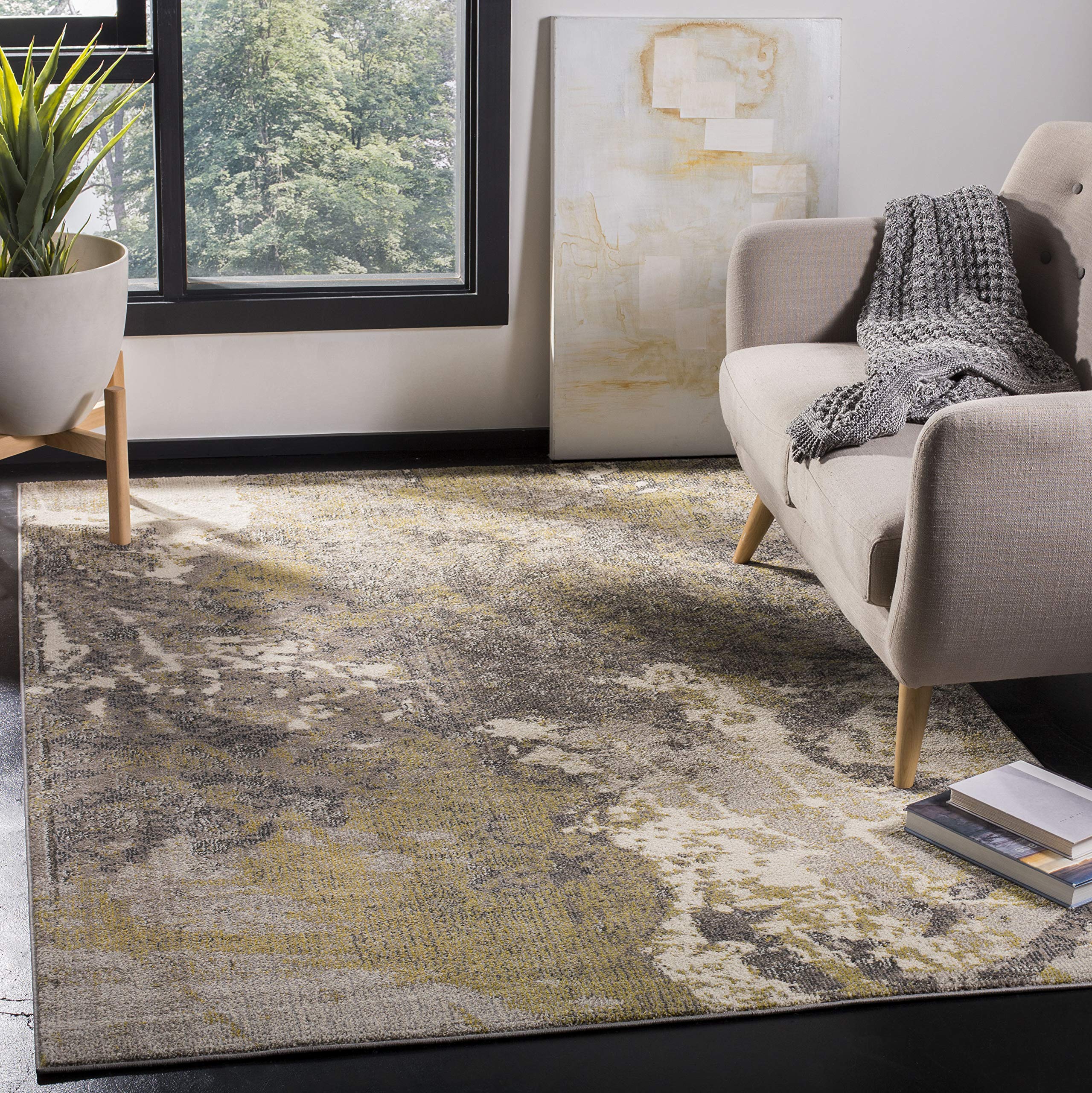 SAFAVIEH Monaco Collection 9 x 12 IvoryGrey MNC219S Modern Abstract Non-Shedding Living Room Bedroom Dining Home Office Area R