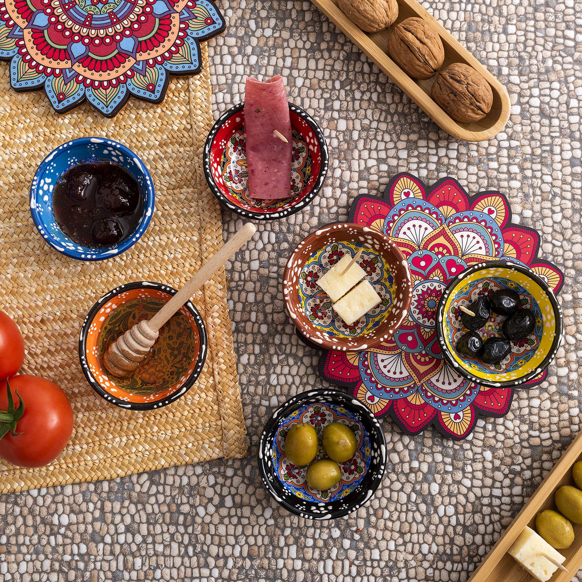 Ayennur Decorative Turkish Ceramic Bowl Set Of 6 Serving-Handcrafted(3.14''- 8Cm) 2.5Oz Pinch Sauce Multicolor Dipping Finger Sm