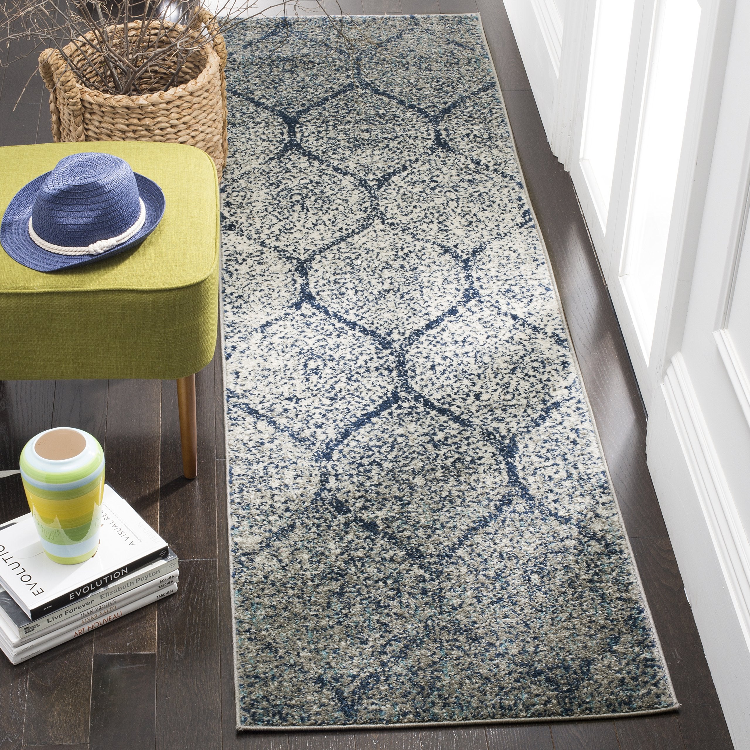 SAFAVIEH Madison Collection Runner Rug - 23 x 10, Navy & Silver, Glam Ogee Trellis Distressed Design, Non-Shedding & Easy Care