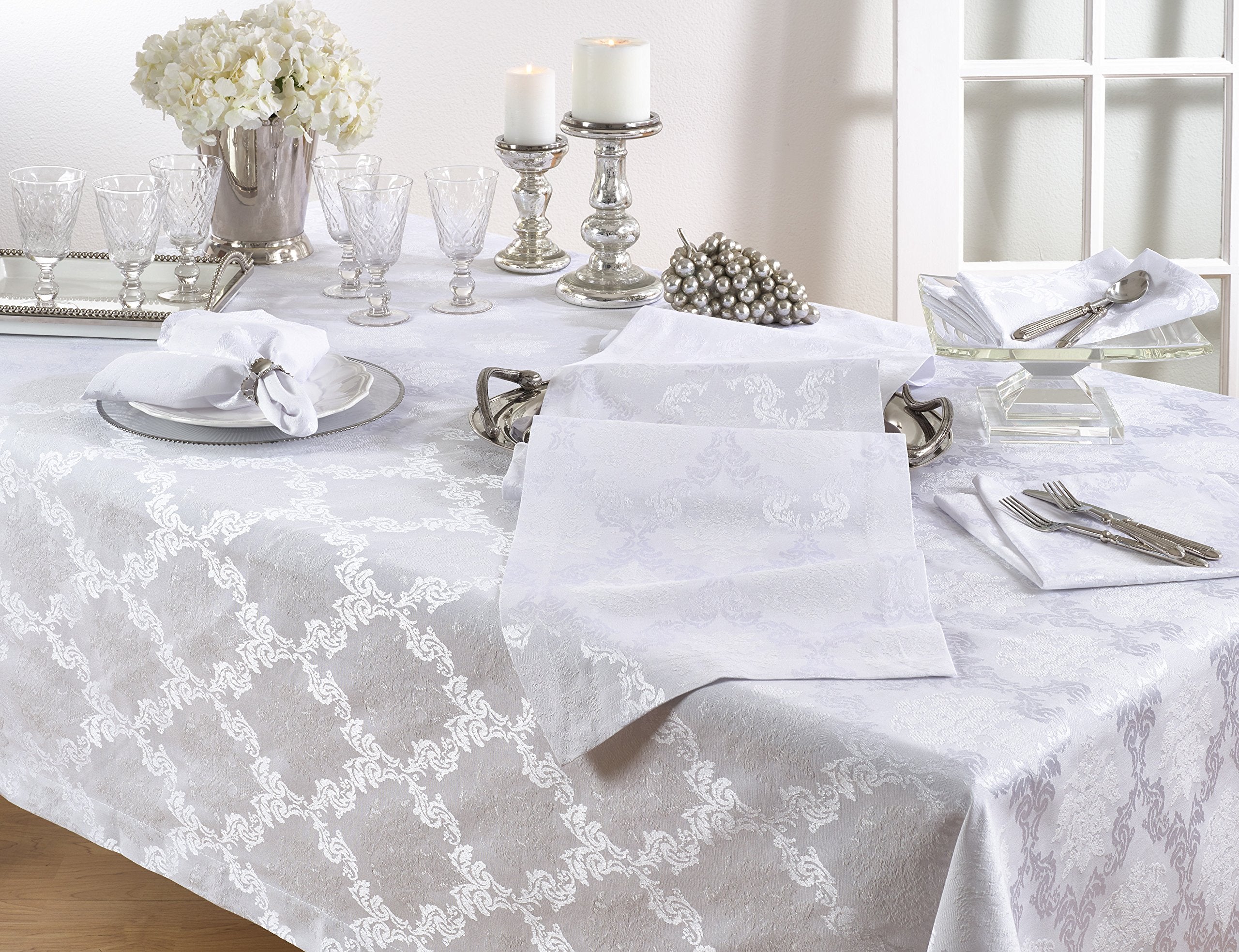 SARO LIFESTYLE Paloma Damask Collection Table-Toppers  15'' x 72''  White