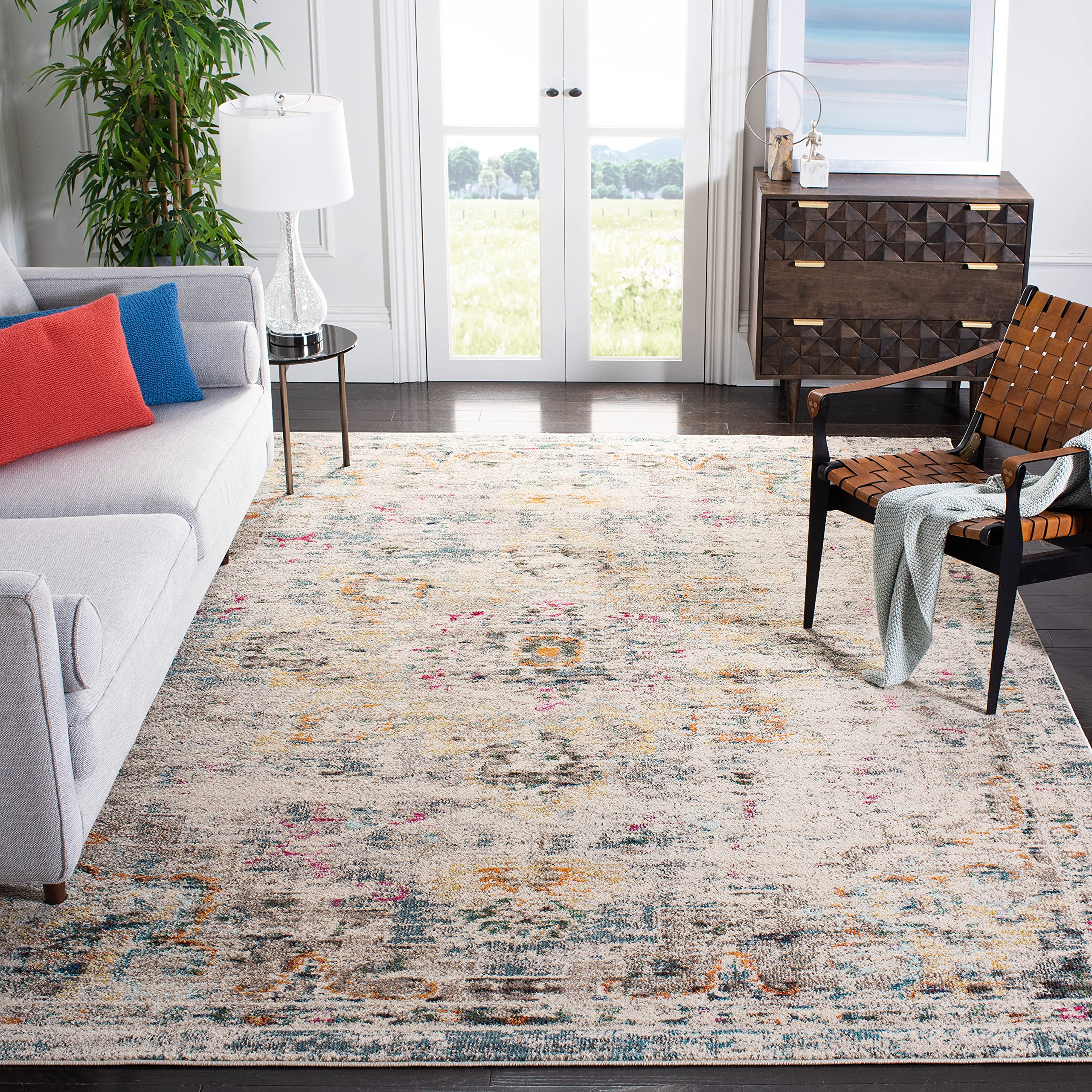 SAFAVIEH Madison Collection Area Rug - 9 x 12, Grey & Gold, Boho Chic Medallion Distressed Design, Non-Shedding & Easy Care, I