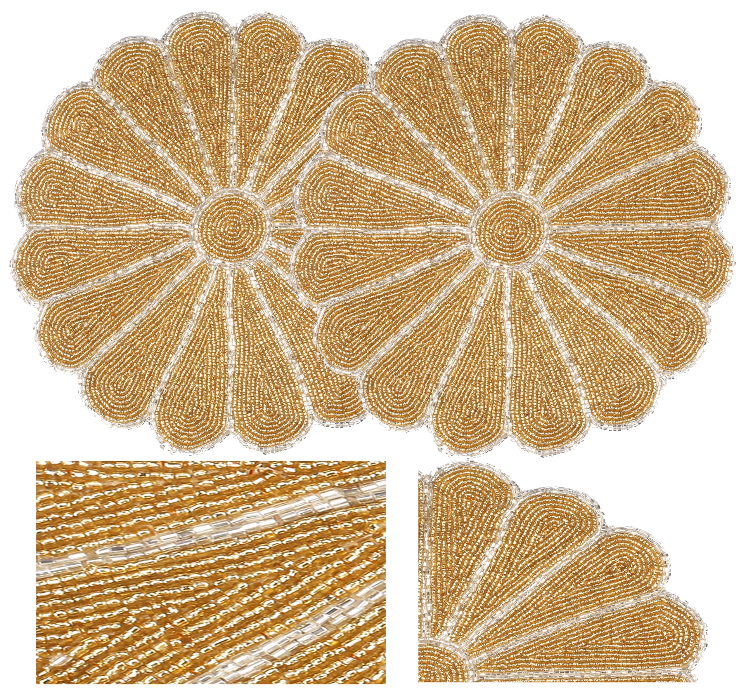Alpha Living Home Beaded Scallop Placemats For Dining Table - Pack Of 2 Measure 13 Inches Beaded Placemats Round For Gathering,