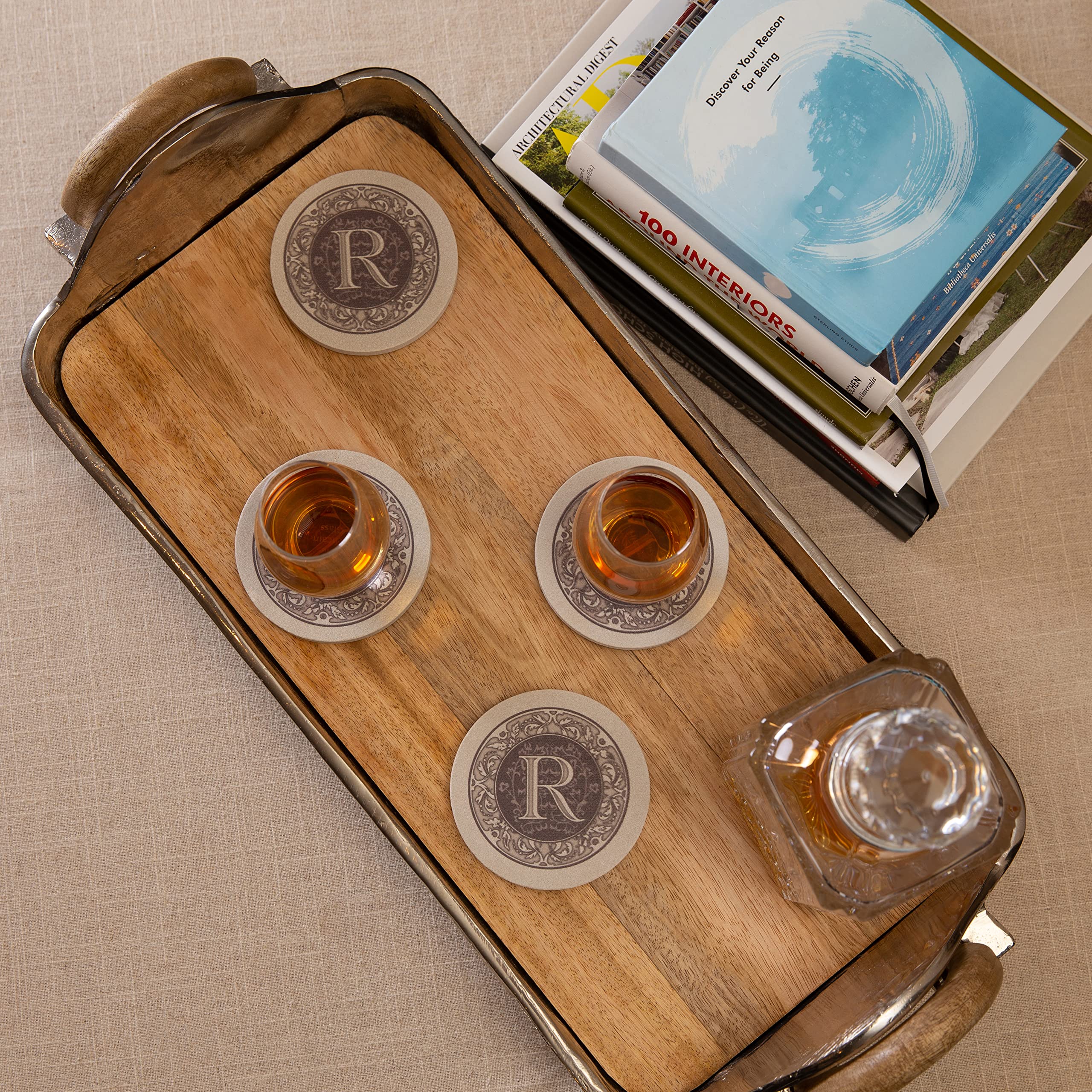 Thirstystone Monogram Letter R Absorbent Sandstone Coaster 4-Pack Made In The Usa Decorative, Absorbent, Easily Wipes Clean