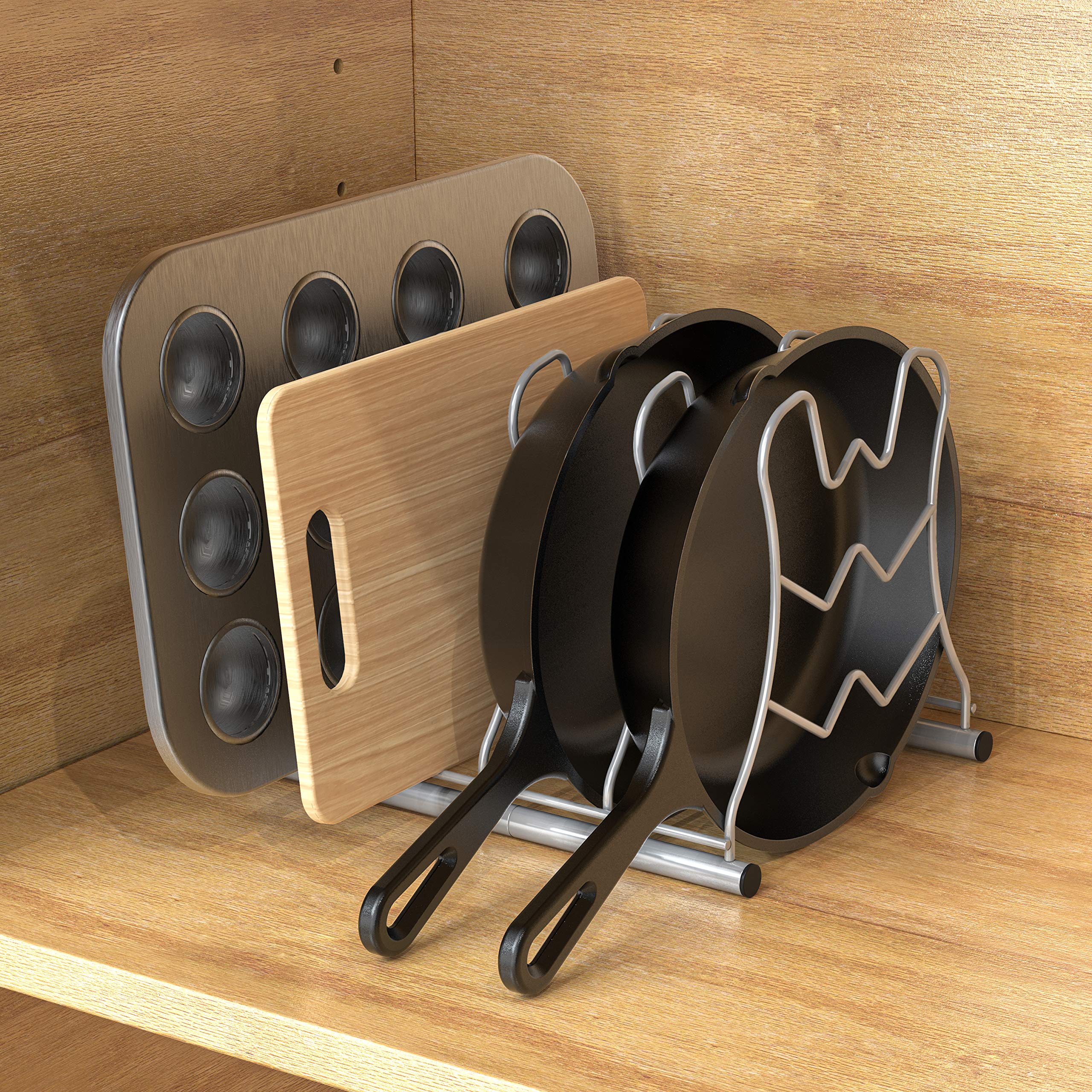 Deco Brothers Pan Organizer Rack For Kitchen Cabinet And Counter, Silver