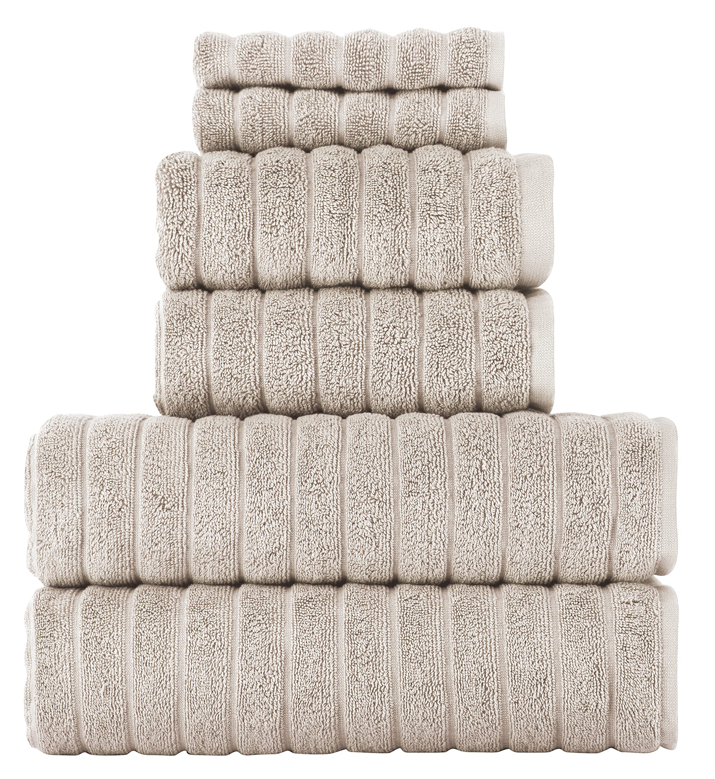 Classic Turkish Towels Luxury 6 Piece Towel Set - 2 Bath Towels, 2 Hand Towels, 2 Washcloths, Jacquard Ribbed, Absorbent, 100% T