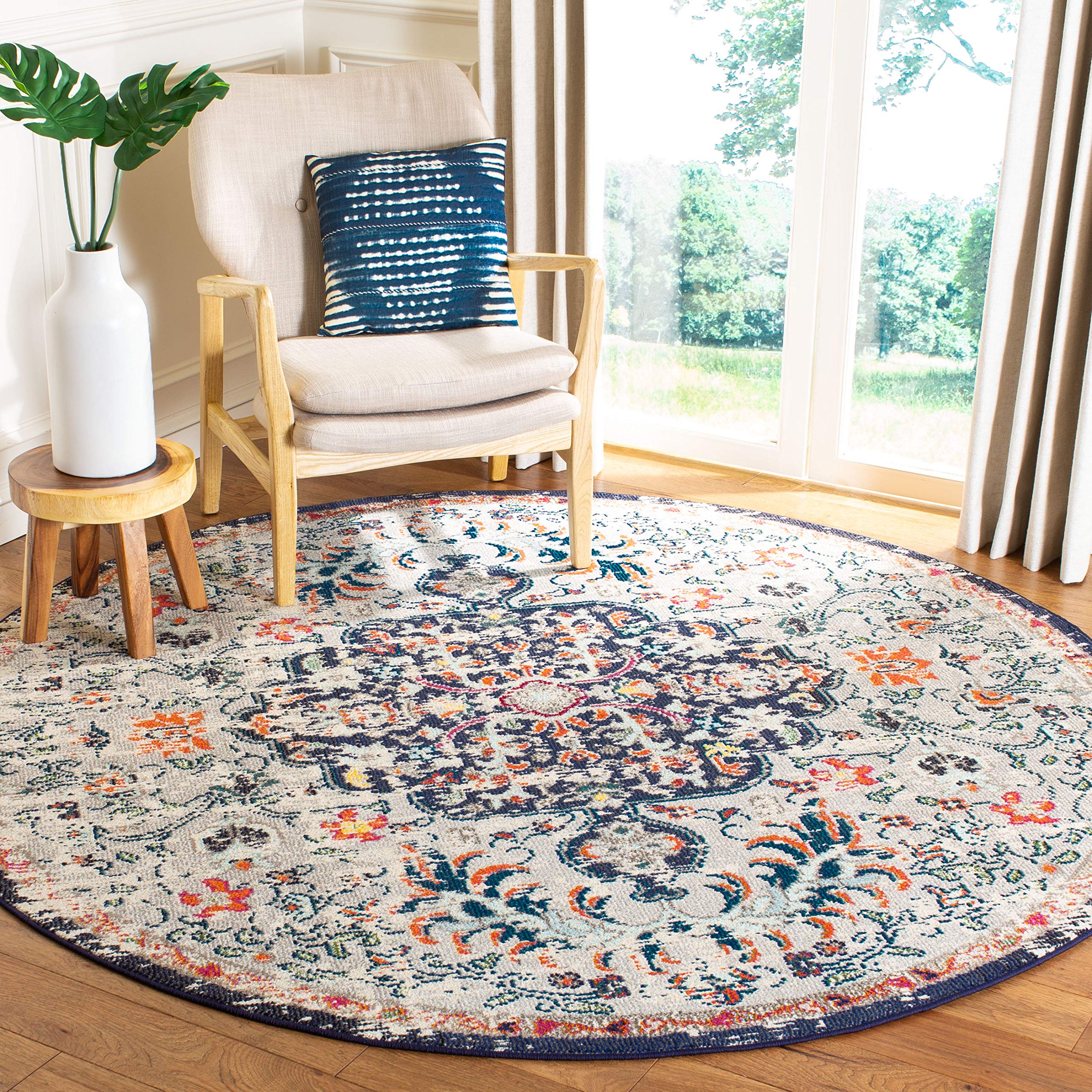 SAFAVIEH Madison Collection Area Rug - 67 Round, Beige & Black, Boho Chic Medallion Distressed Design, Non-Shedding & Easy Care