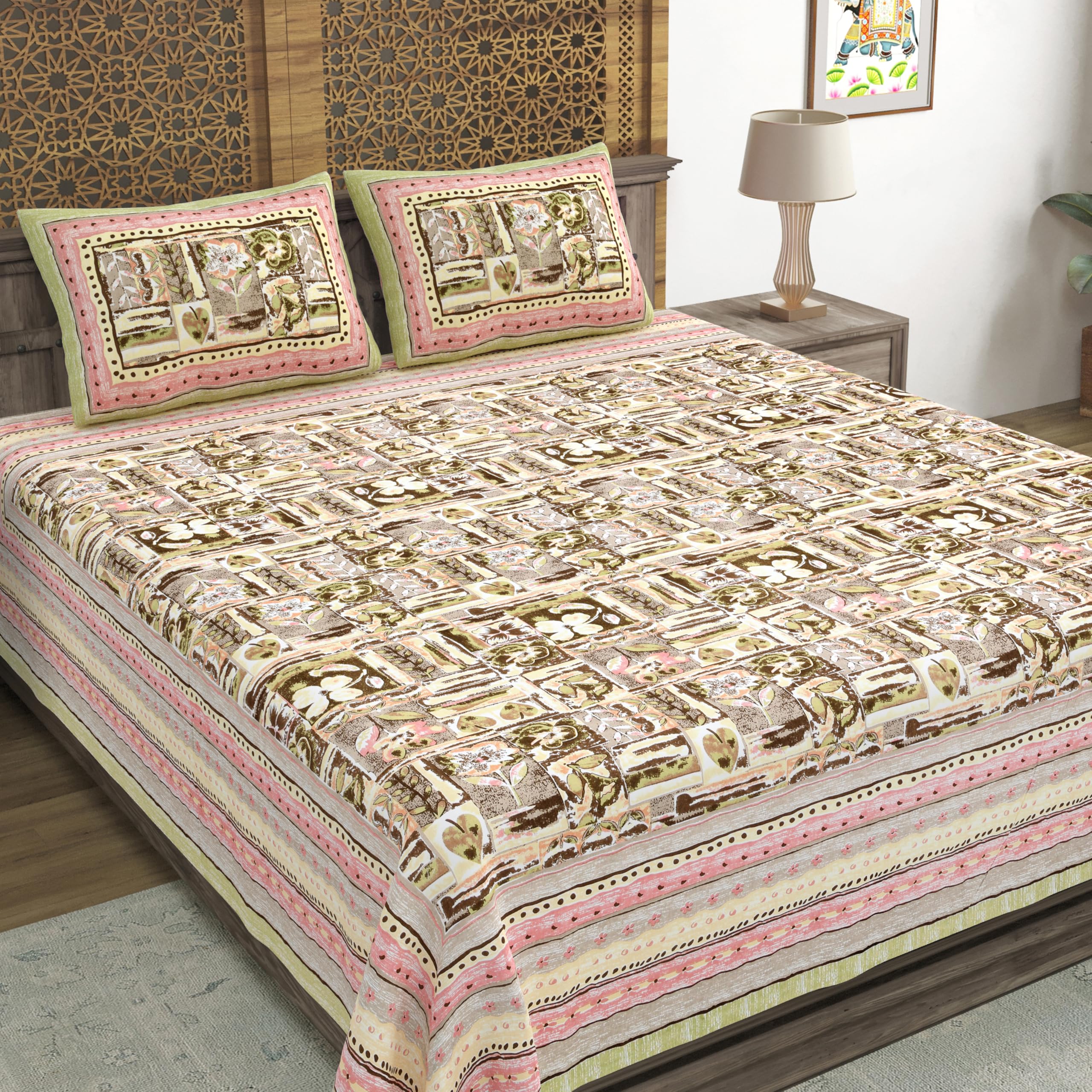 Blocks Of India Hand Block Printed 300 Tc Cotton Super King Size Bedsheet(106 X 106) (Brush Green)