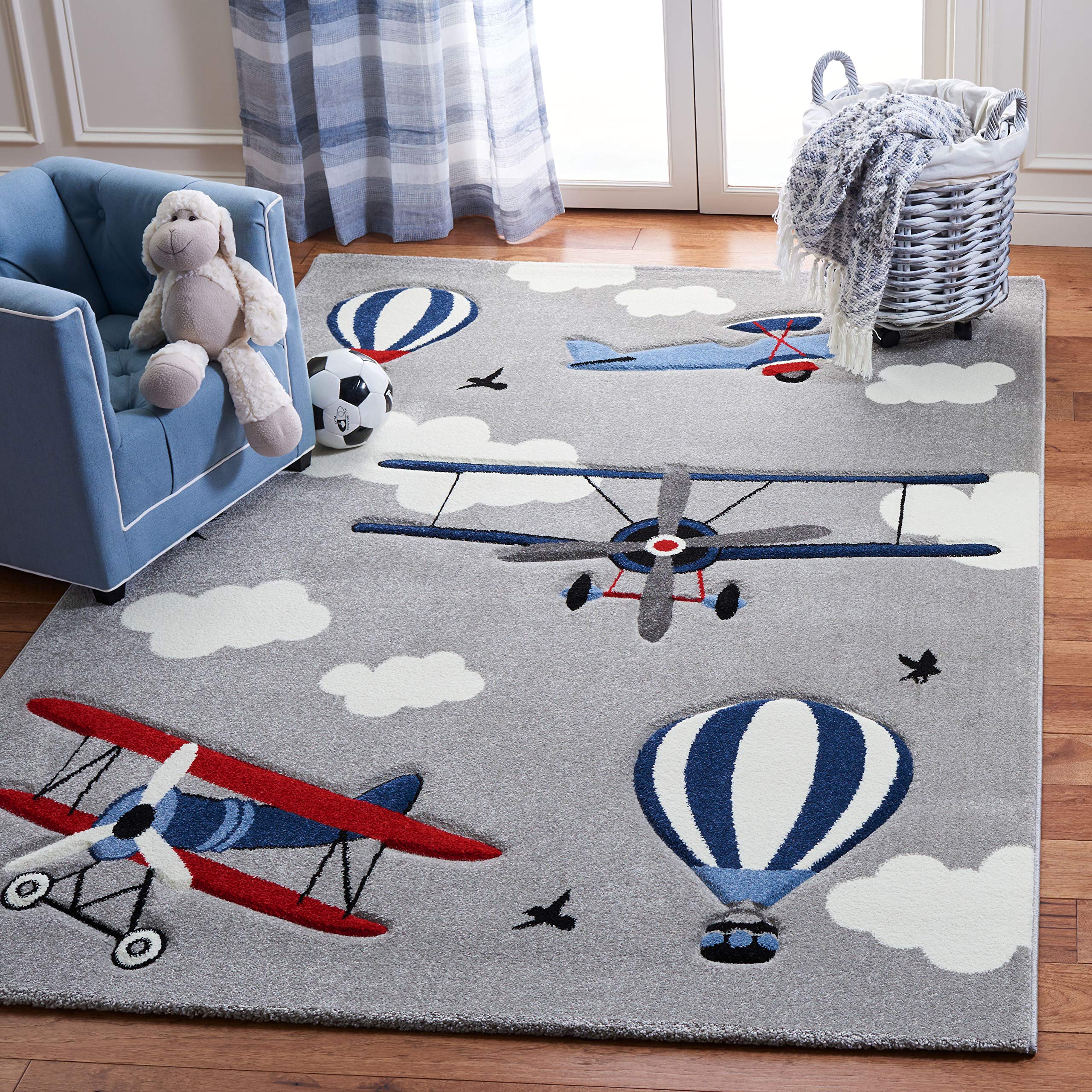 Safavieh Carousel Kids Collection 4 Square Light Grey/Red CRK137F Airplane Hot Air Balloon Non-Shedding Nursery Playroom Area R