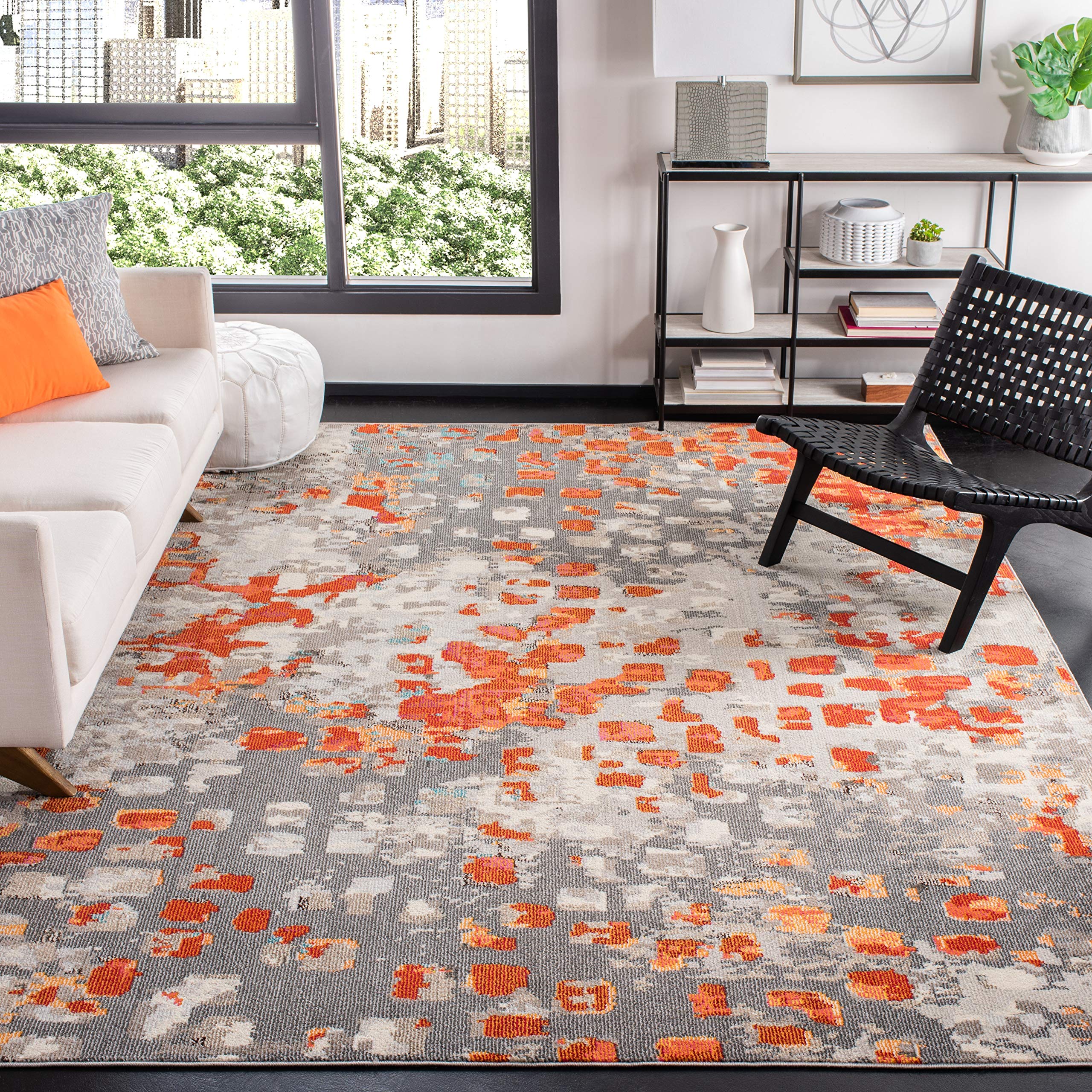 SAFAVIEH Madison Collection Area Rug - 8 x 10, Grey & Orange, Boho Abstract Distressed Design, Non-Shedding & Easy Care, Ideal