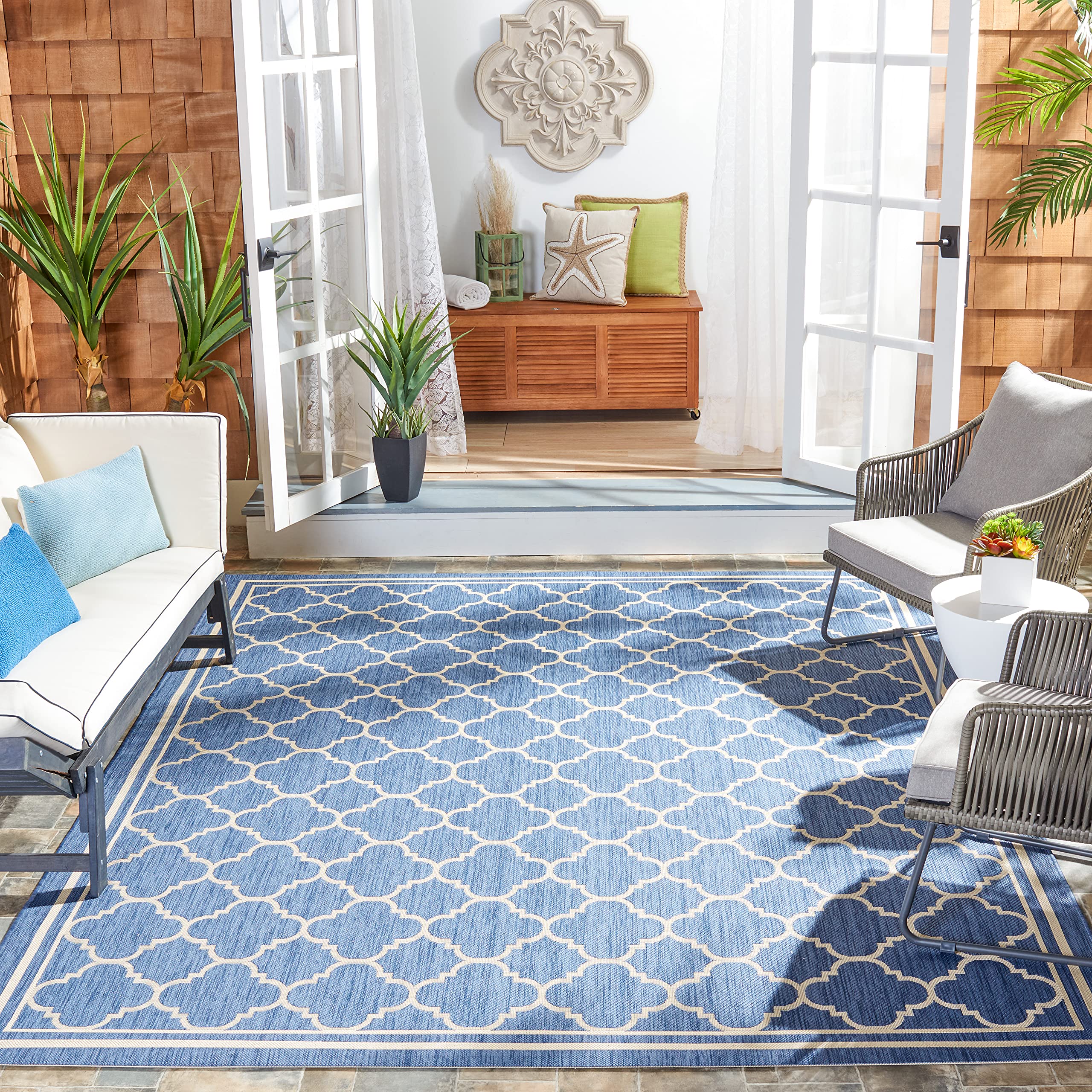 SAFAVIEH Courtyard Collection 710 Square Blue/Beige CY6918 Trellis Indoor/ Outdoor Splashproof Easy Scrubbing Patio Backyard Mu