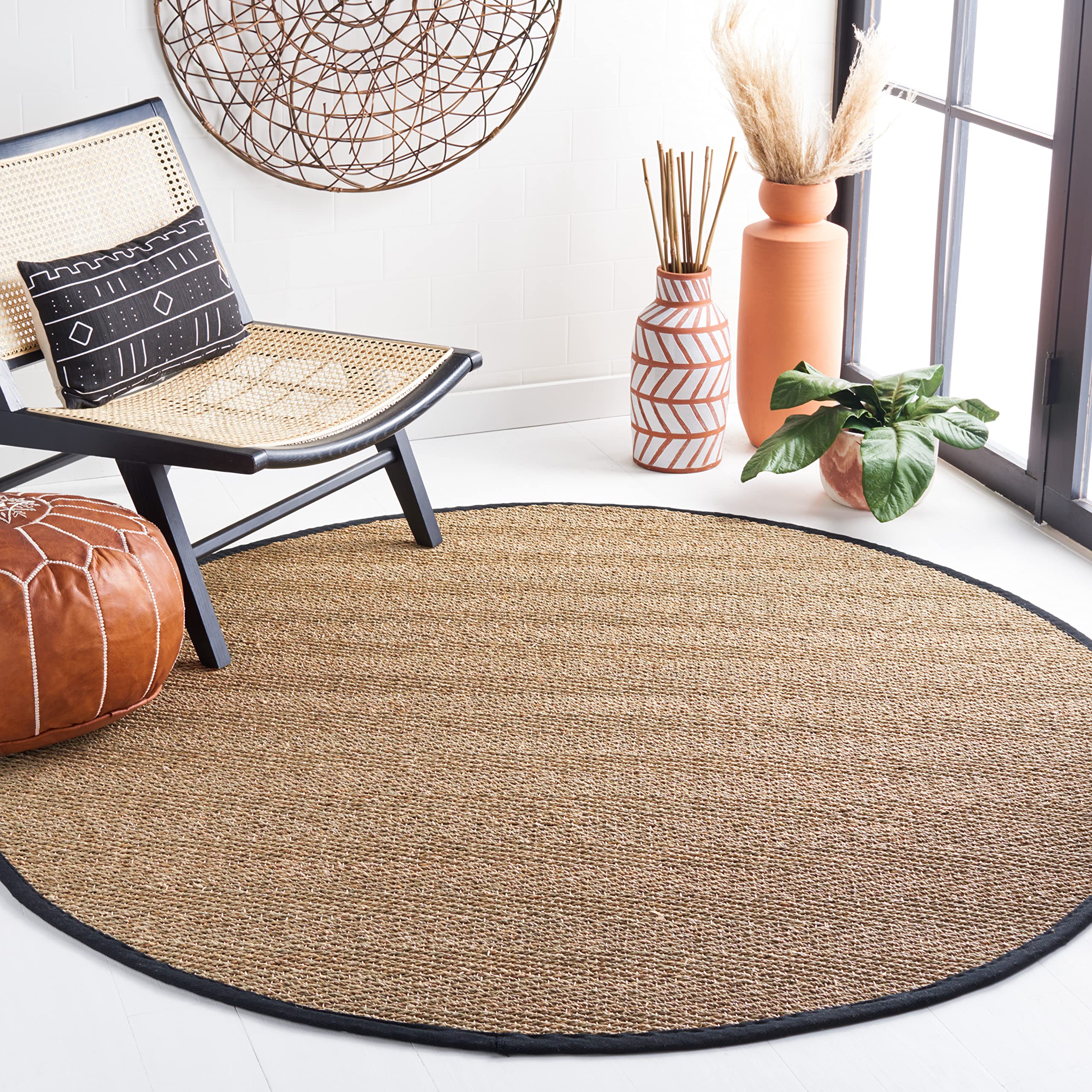 Safavieh Natural Fiber Collection 4 Round Black NF115C Border Herringbone Seagrass Area Rug