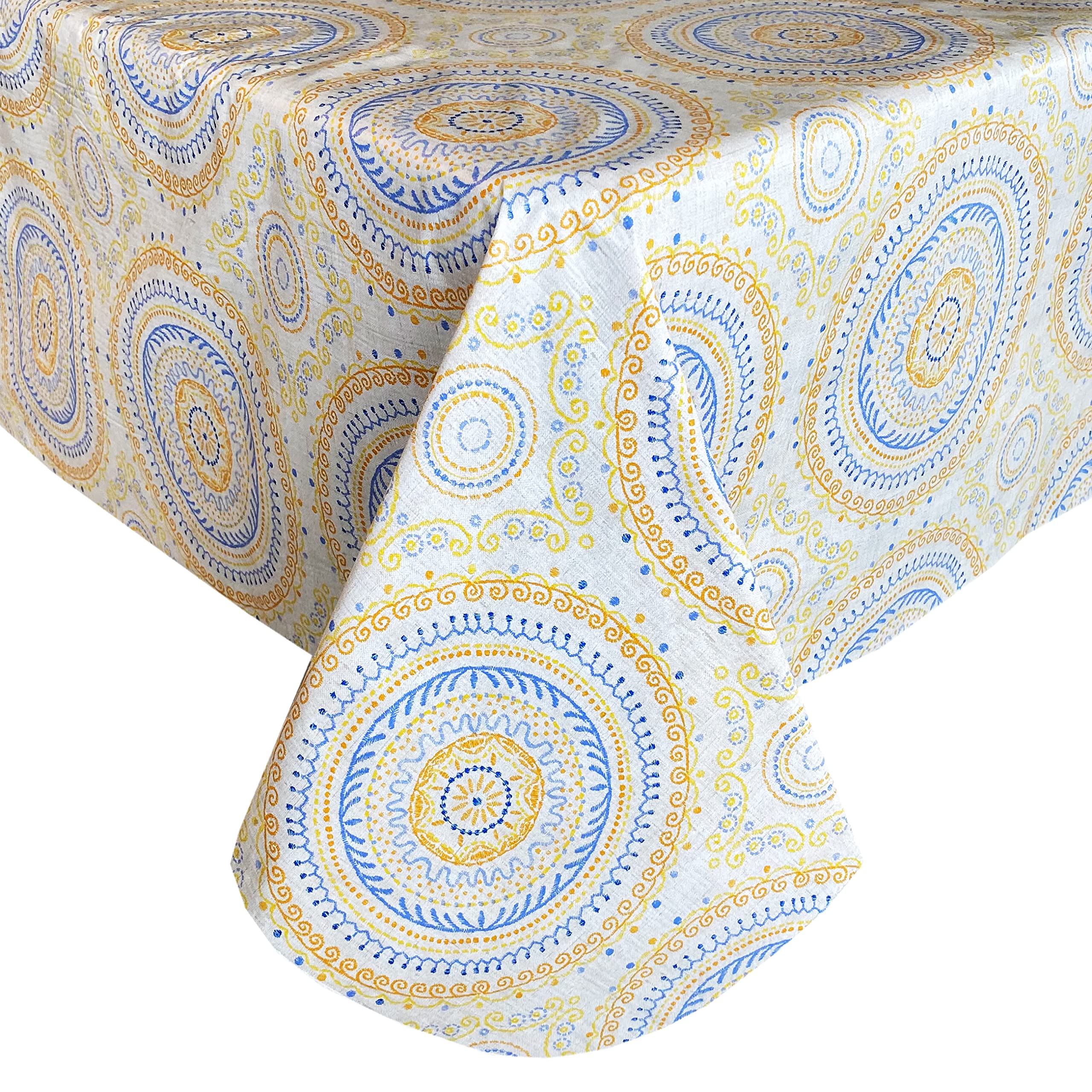 Newbridge Boho Circle Stitch Vinyl Tablecloth With Flannel Backing, Blue, Yellow And Coral Spring And Summer Indoor Outdoor Flan