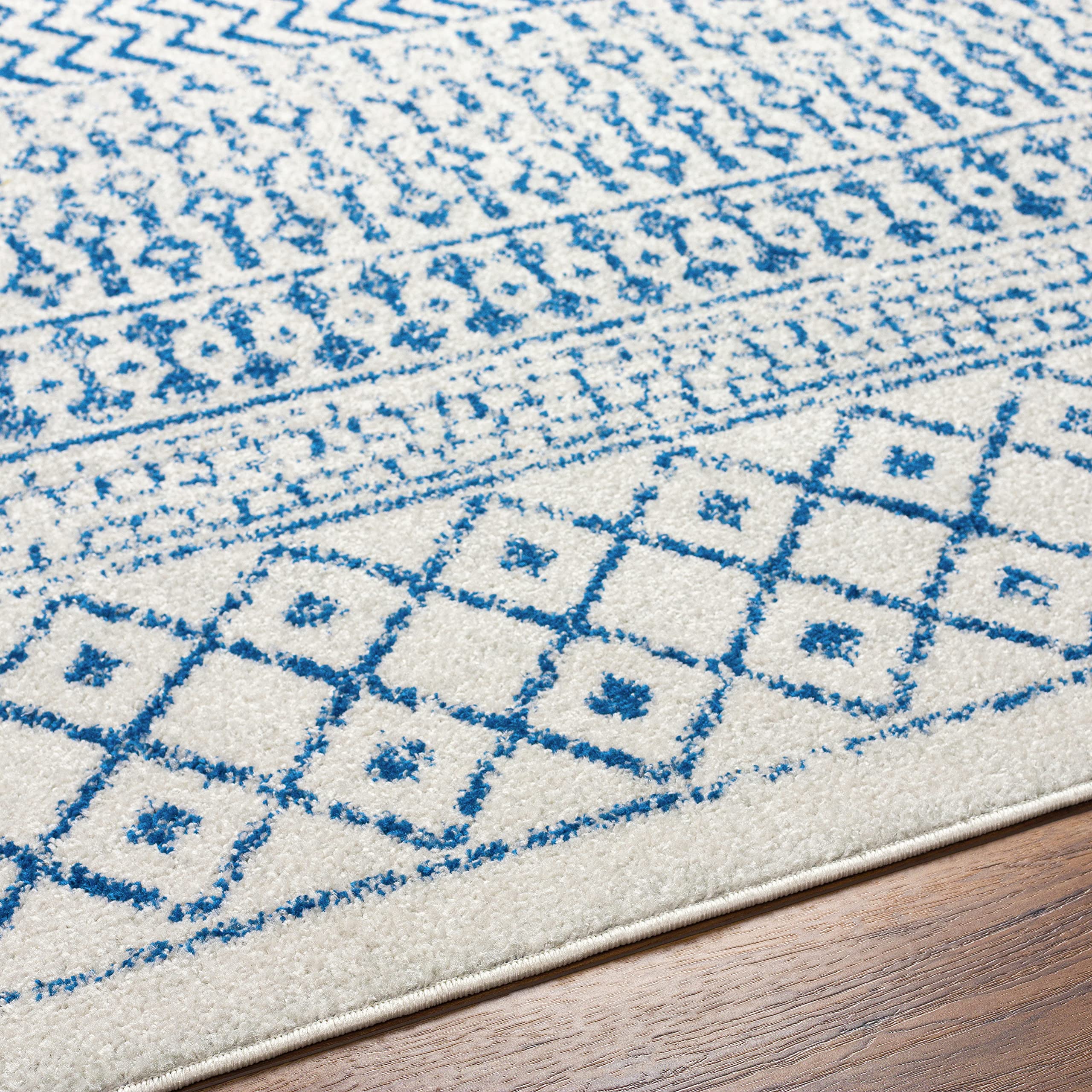 Livabliss Area Rugs - 5ft Round Chester Boho Moroccan Cream Rug for Living Room Bedroom - Blue Slate Gray Geometric Stain Resist
