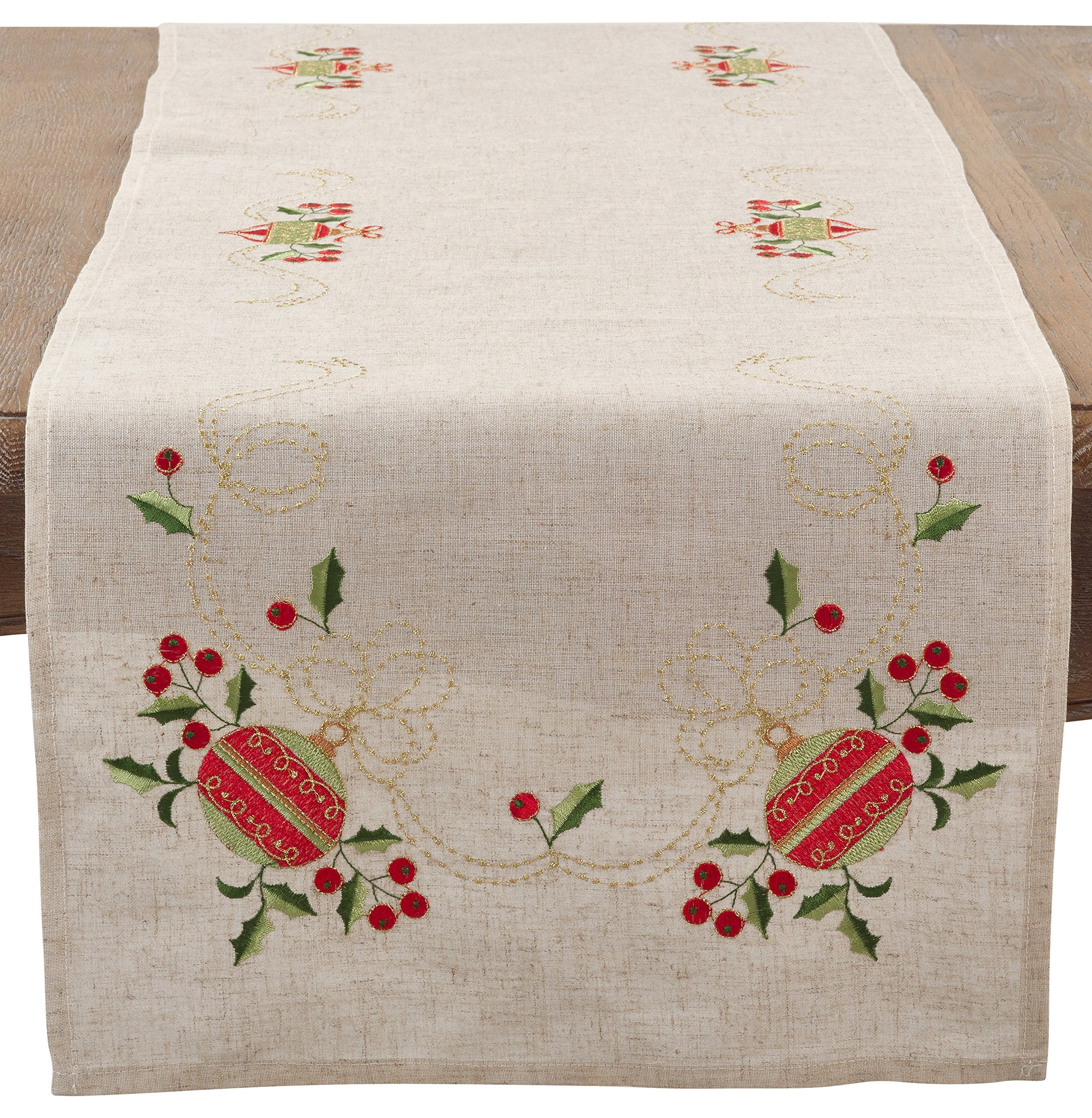 Saro Lifestyle Embroidered Ornament Design Linen Blend Table Runner, Natural, 16x72