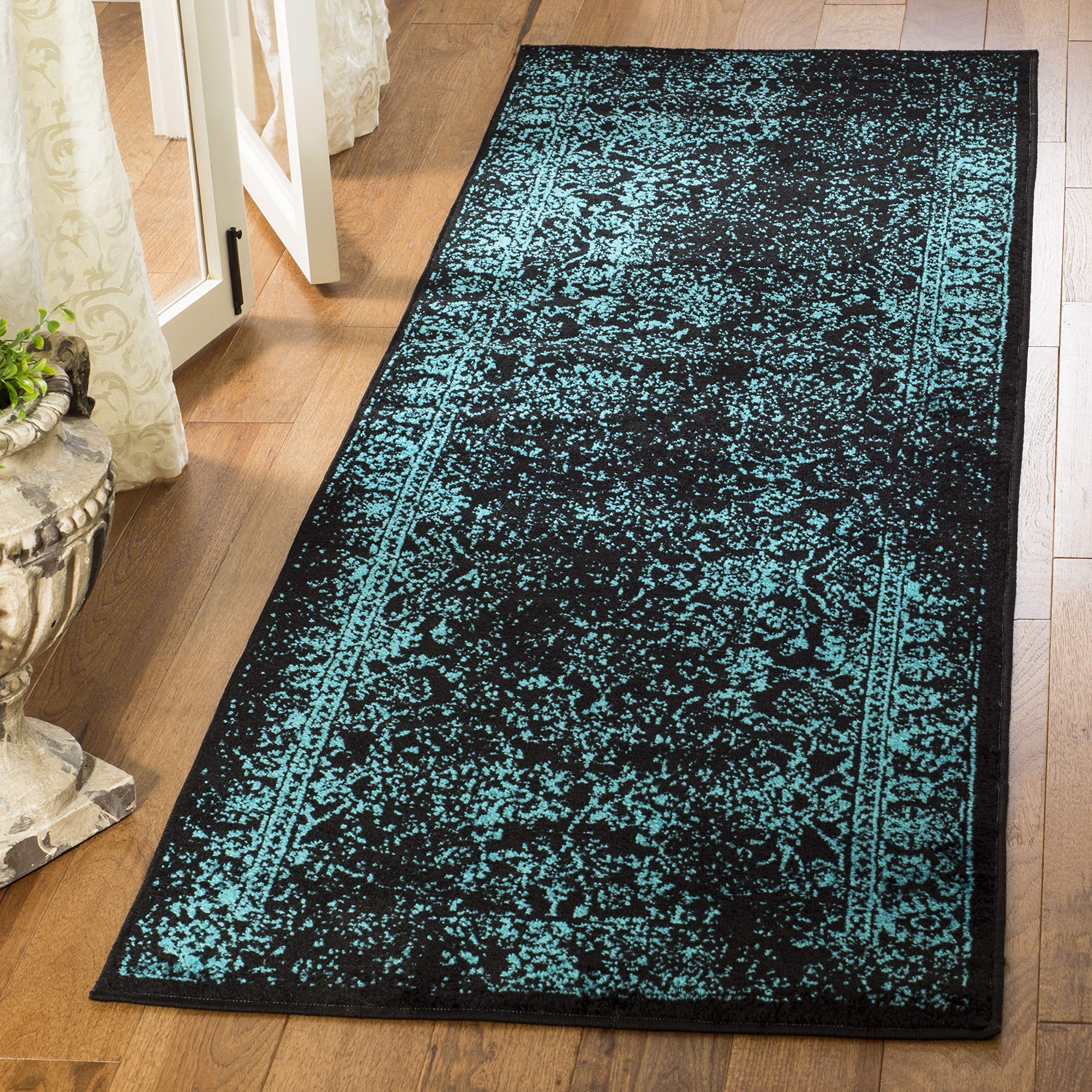 SAFAVIEH Adirondack Collection Area Rug - 26 x 18 Runner, Black/Teal, Geometric Design, Ideal for High Traffic Areas in Living