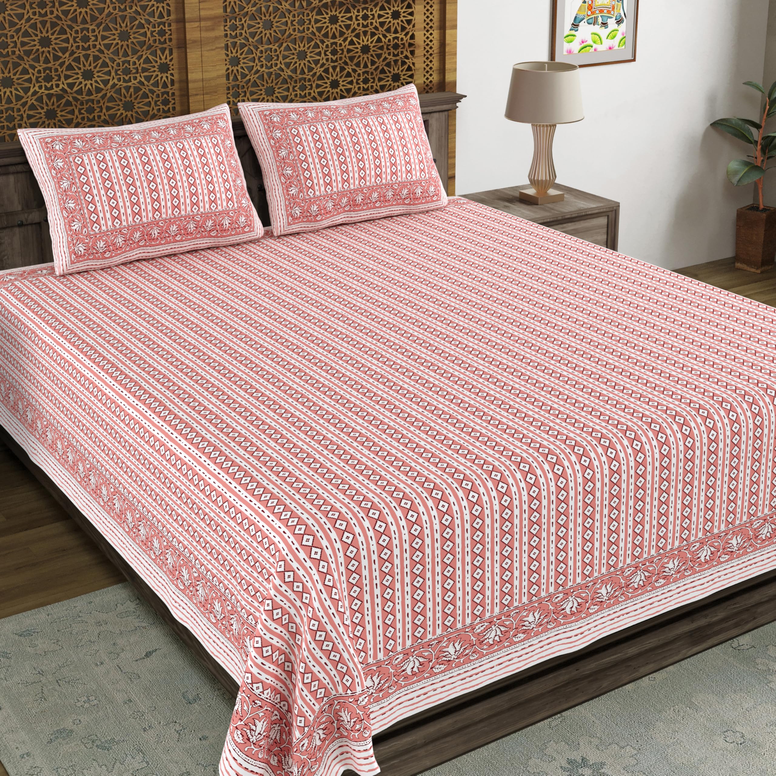 Blocks Of India Hand Block Printed 200 Tc Cotton Super King Size Bedsheet (Pink Line)
