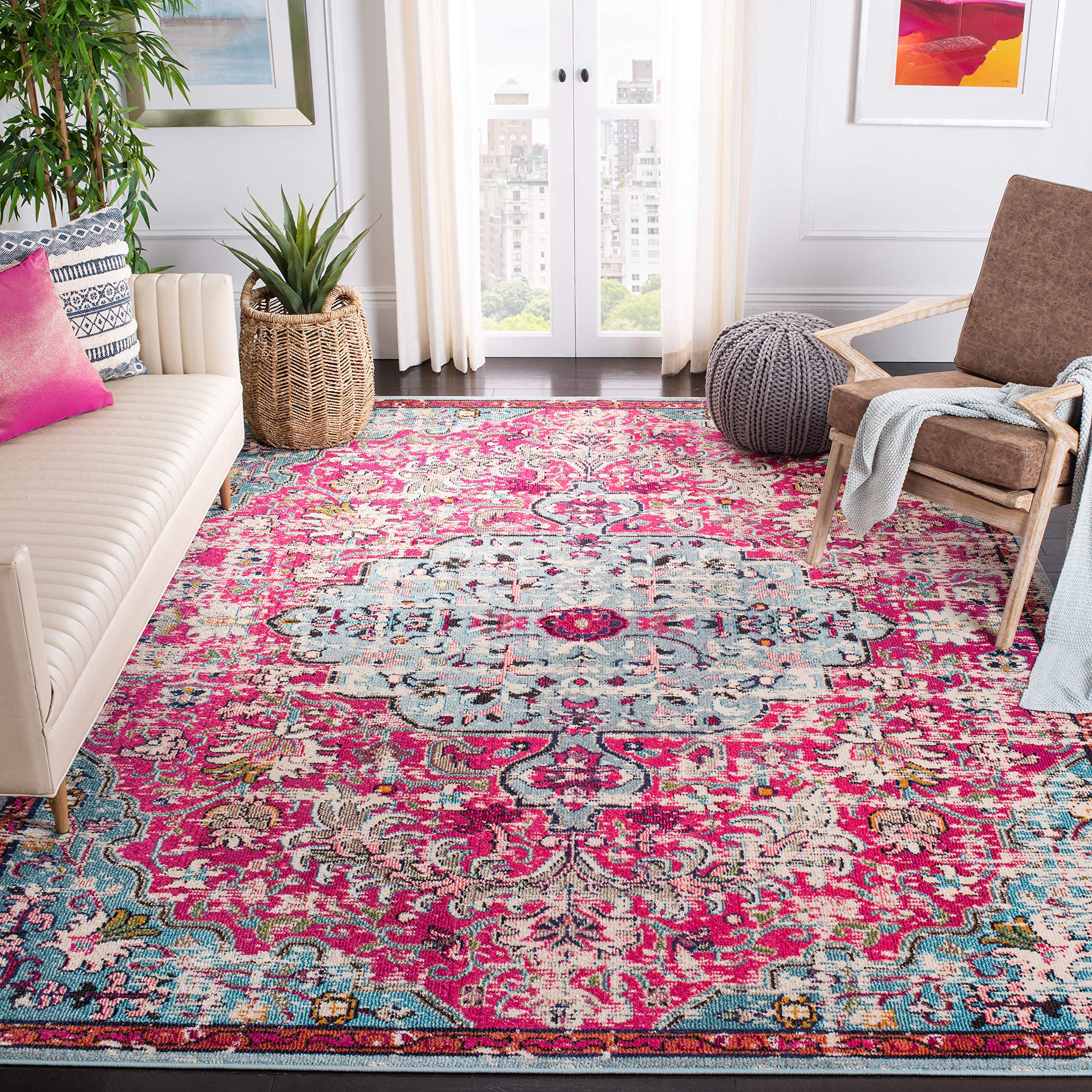 SAFAVIEH Madison Collection Area Rug - 3 Square, Fuchsia & Teal, Boho Chic Medallion Distressed Design, Non-Shedding & Easy Car