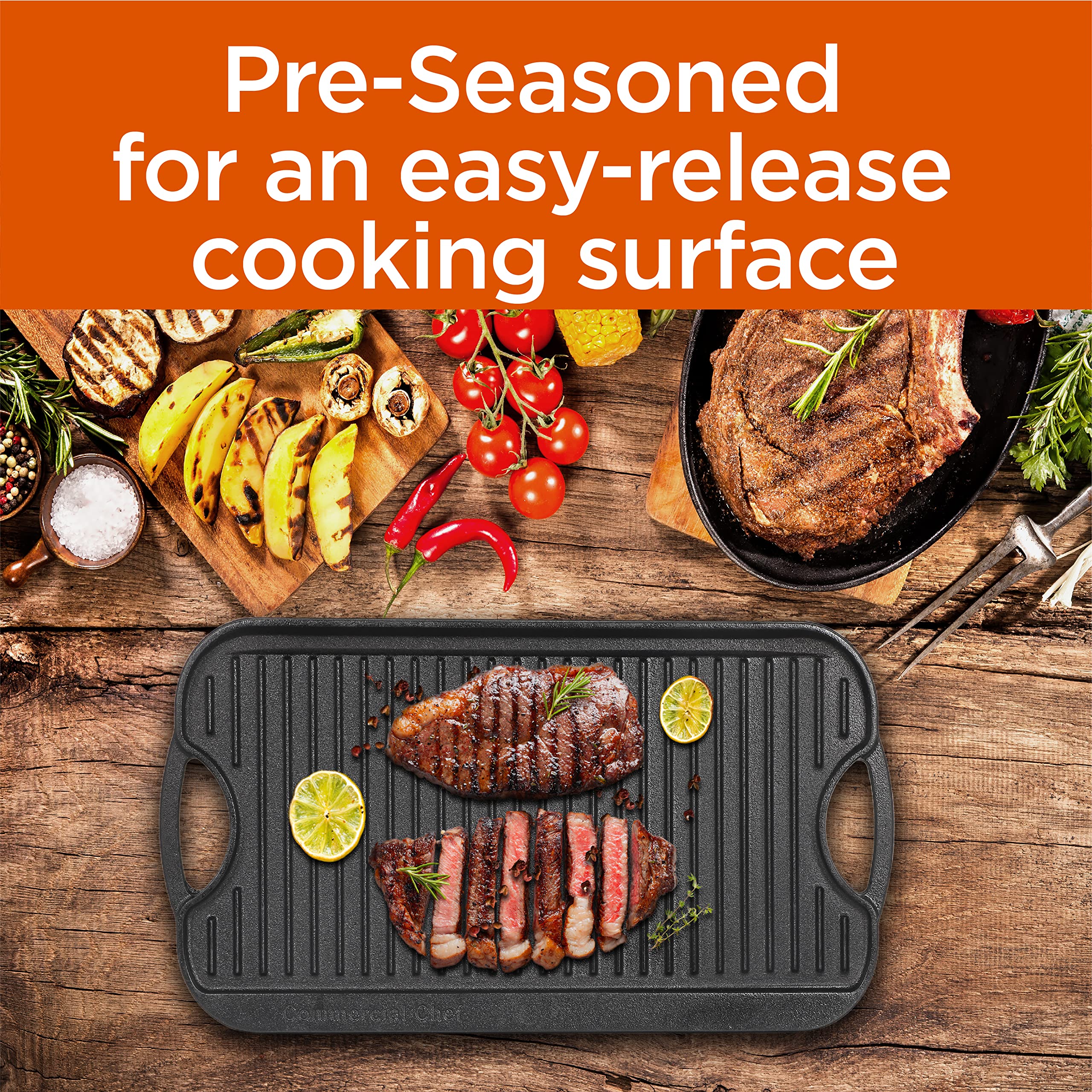 Commercial Chef Cast Iron Griddle, Reversible Grill Griddle With Dual Handles For Stove, Oven And Outdoors