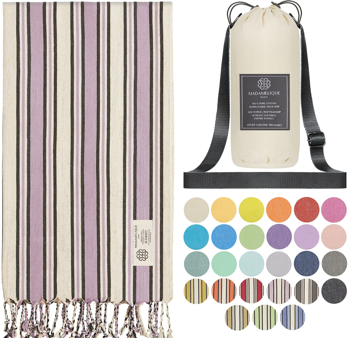 Madamelique Lavender Beach Towel With Beach Bag - 39 X 74 - Prewashed Cotton - Quick Dry - Sand Free - Hand Loomed Turkish Bath