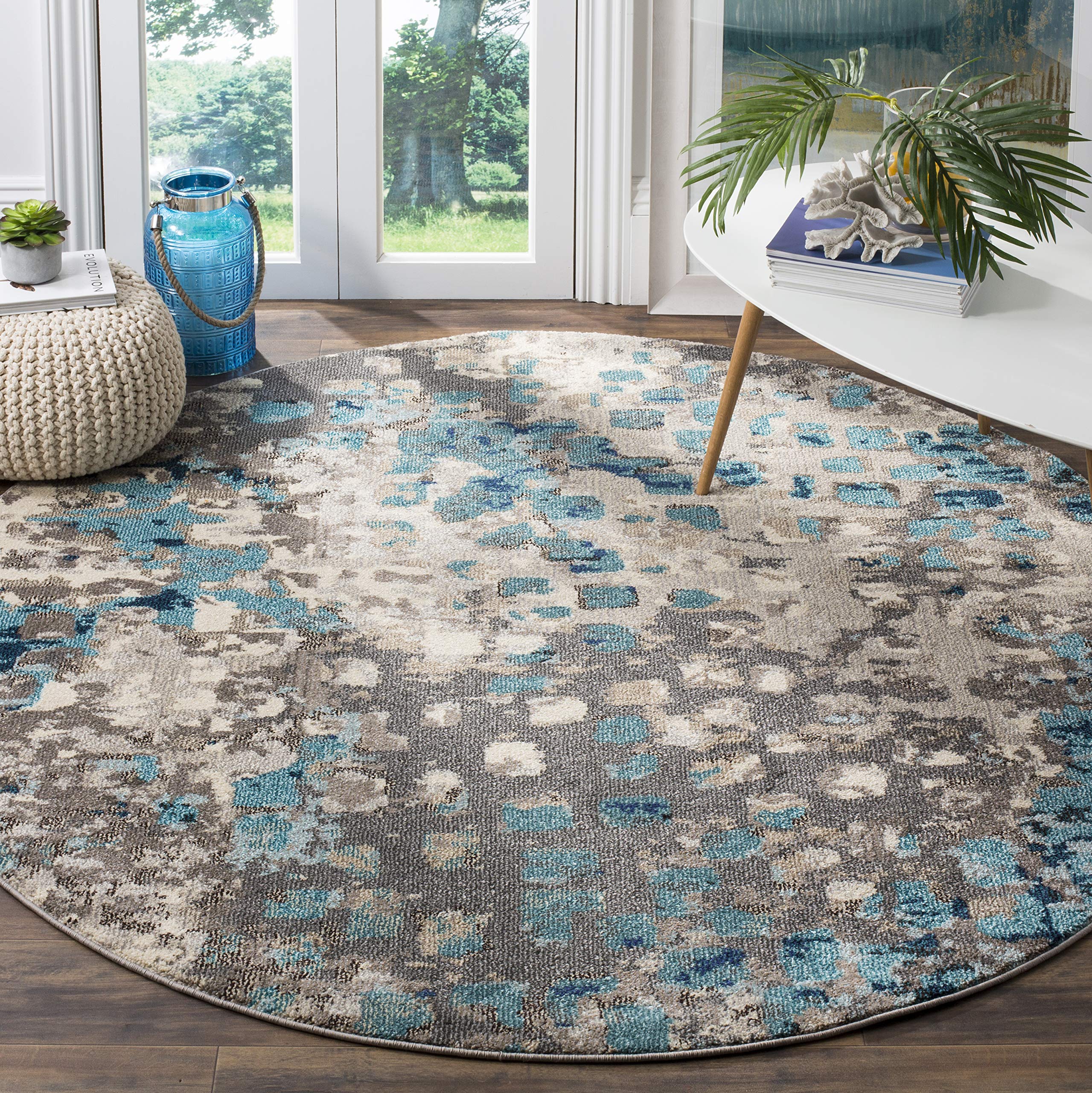 SAFAVIEH Monaco Collection 3 Round Grey/Light Blue MNC225E Boho Chic Abstract Watercolor Non-Shedding Dining Room Entryway Foye