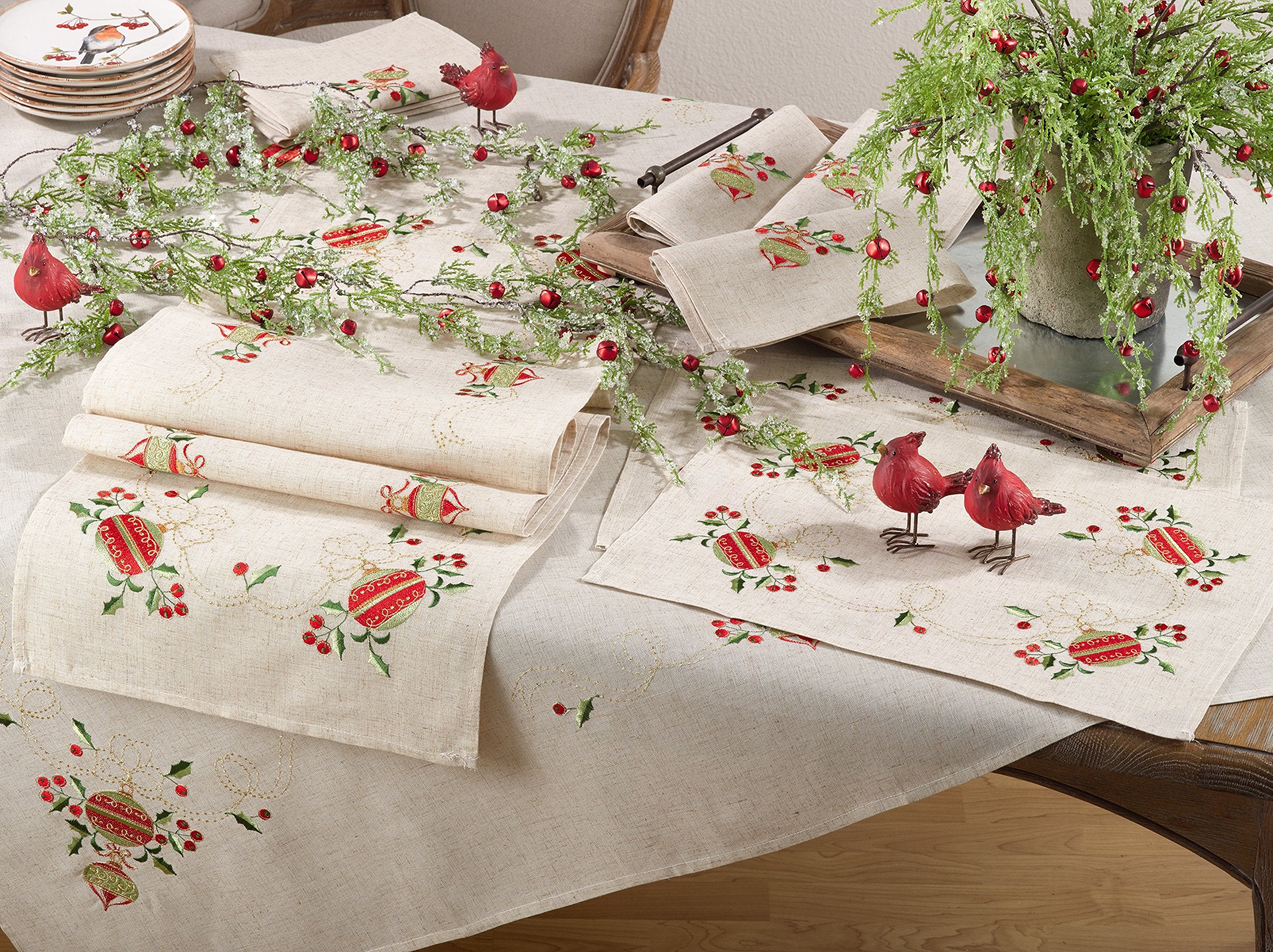 SARO LIFESTYLE Embroidered Ornament Design Christmas Linen Blend Table Runner  16'' x 90''  Natural