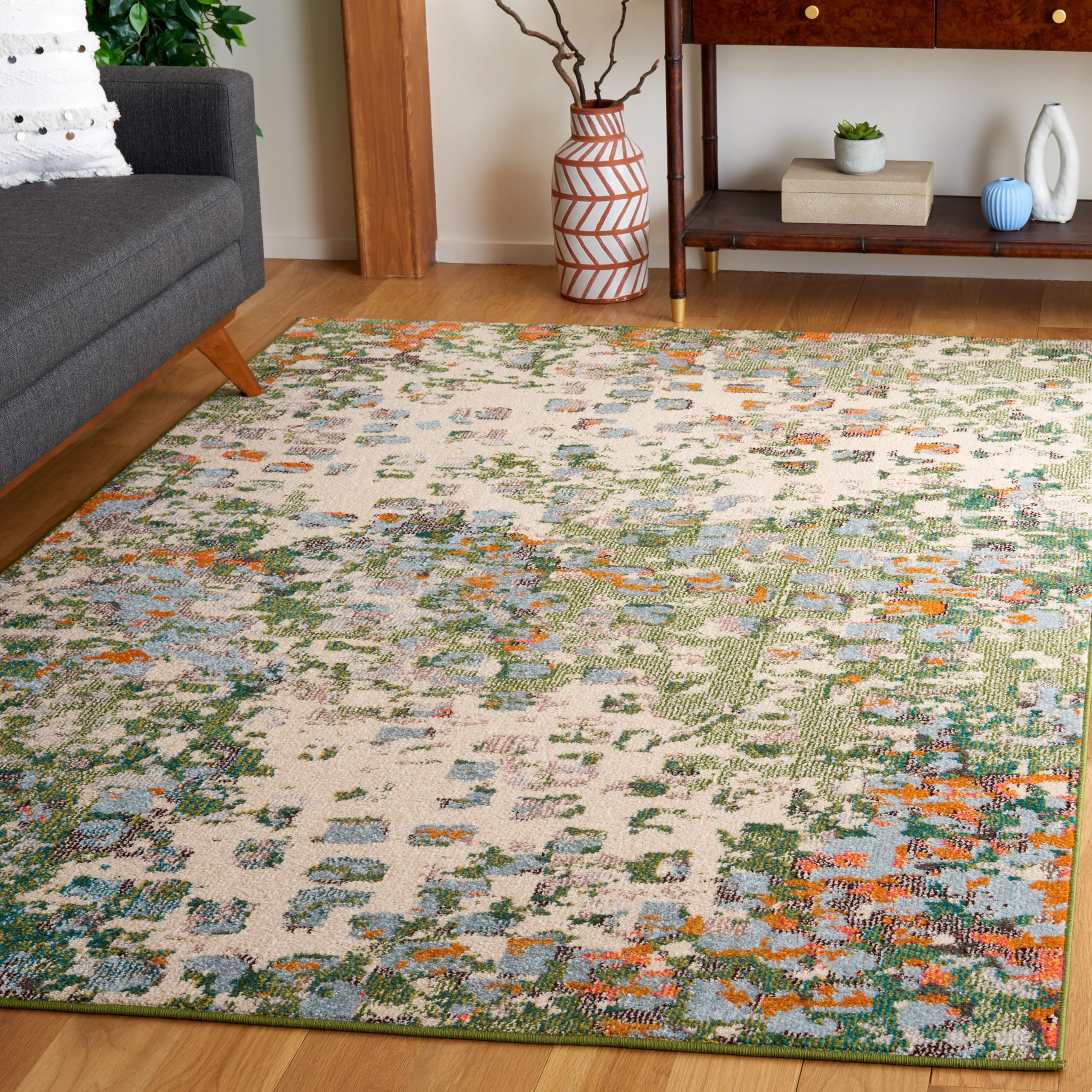 SAFAVIEH Monaco Collection Area Rug - 4 x 6, Sage & Rust, Abstract Watercolor Design, Non-Shedding & Easy Care, Ideal for High