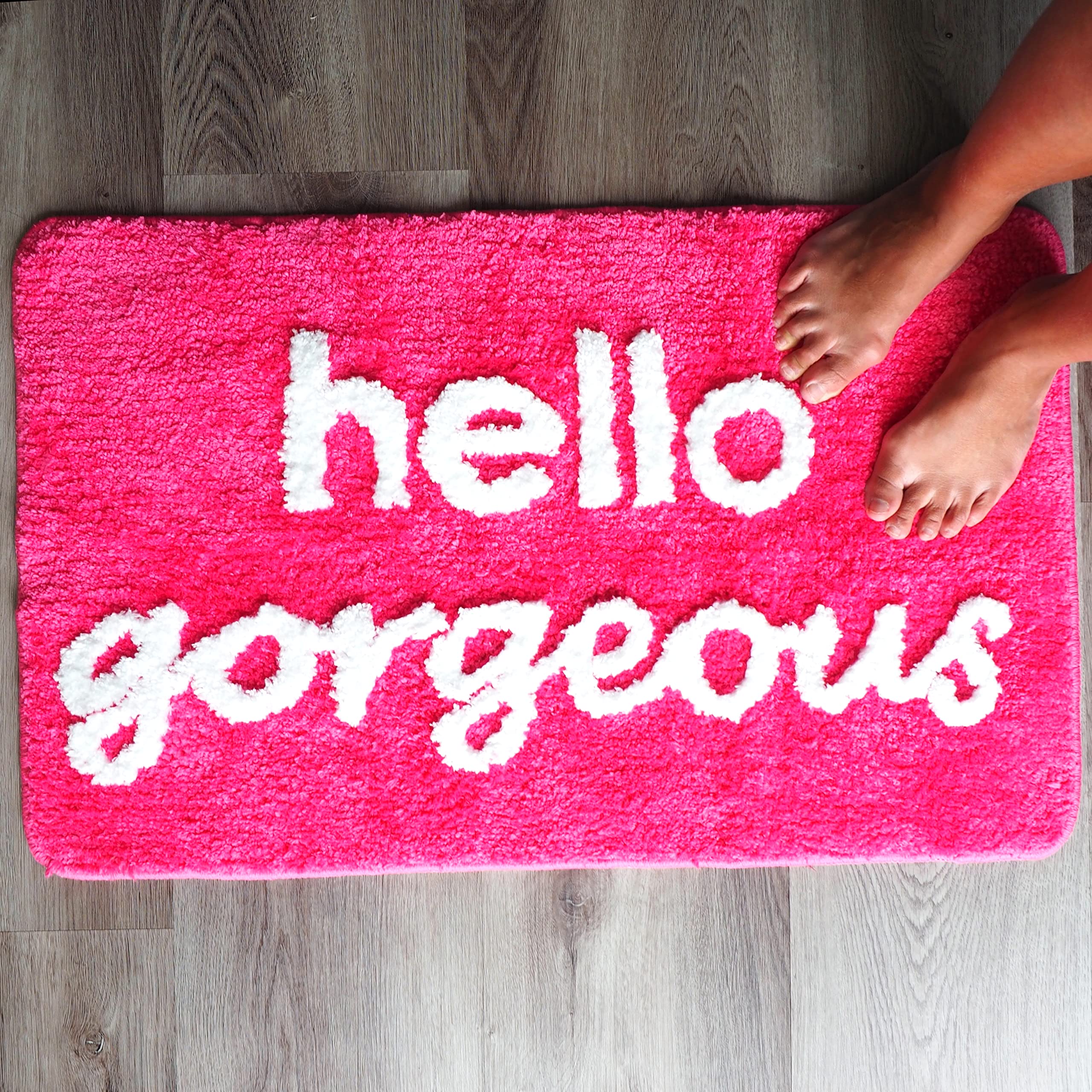Hello Gorgeous Bath Mat Hot Pink Dark Magenta Fuchsia Blush Peach Coral Cute Beautiful Bathroom Rugs for Girls You Look Good Gorgeous Funny Shower Fun Bathroom Decor Non-Slip Washable Kids Women