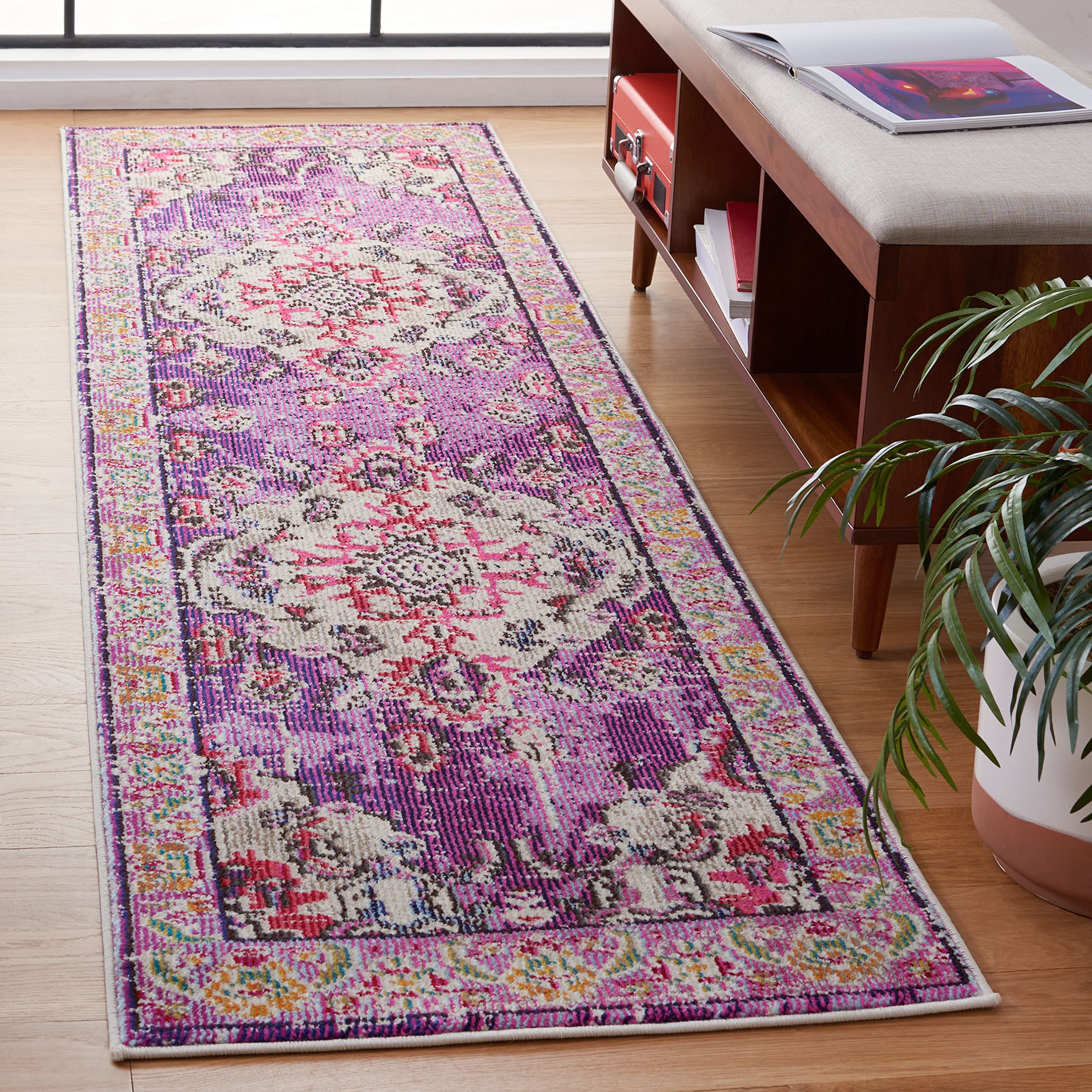 SAFAVIEH Monaco Collection Runner Rug - 22 x 12, Violet & Fuchsia, Boho Chic Medallion Distressed Design, Non-Shedding & Easy 
