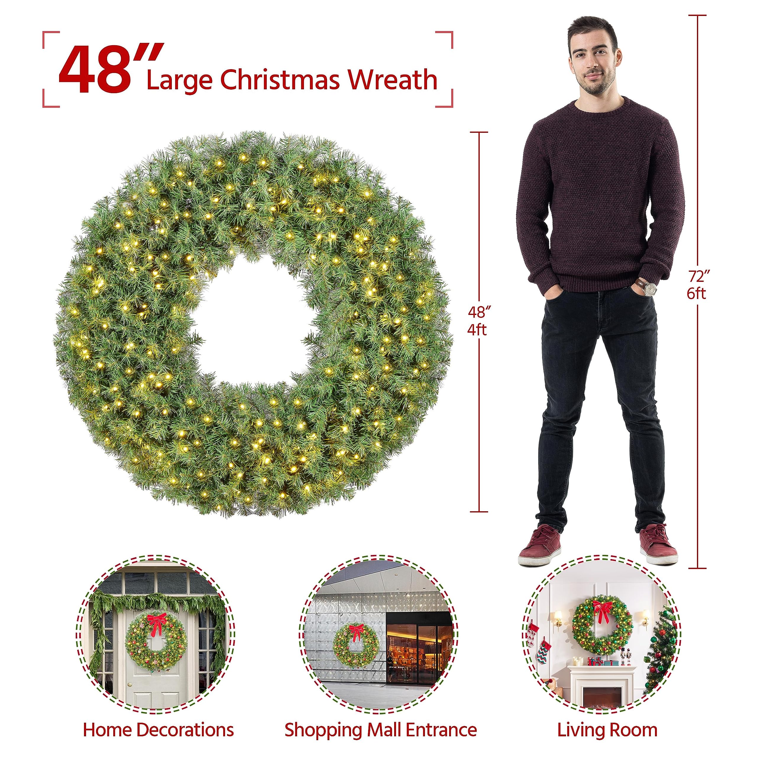 Yaheetech 48in Large Artificial Christmas Wreath, Pre-lit Holiday Accent Decoration with Red Bow, 200 LED Lights & 720 PVC Tips,