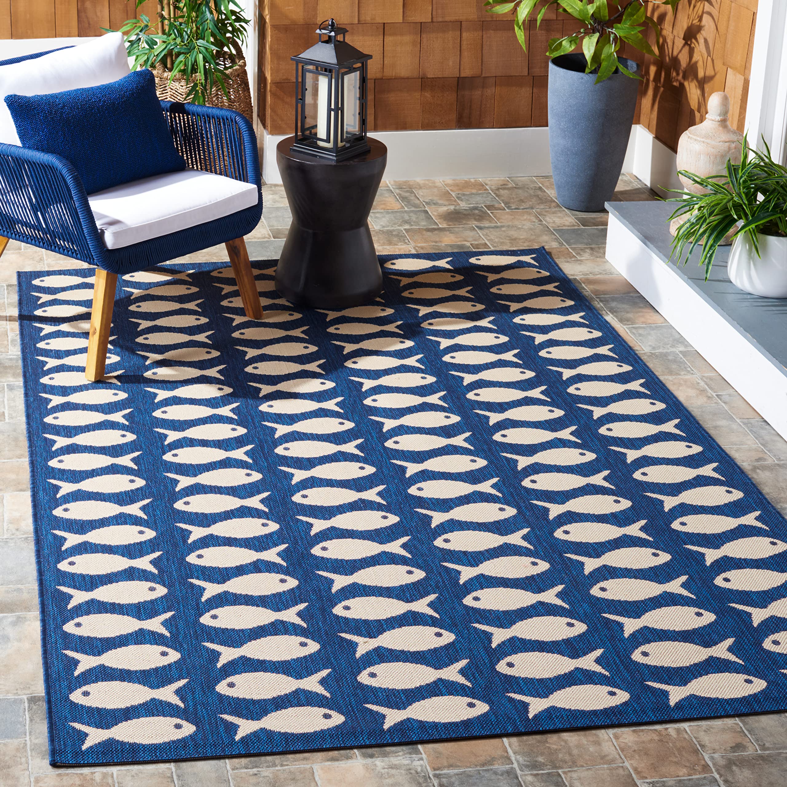 Safavieh Courtyard Collection CY6013 Indoor/Outdoor Non-Shedding Stain ant Patio Backyard Area Rug, 4 x 57, Navy/Beige